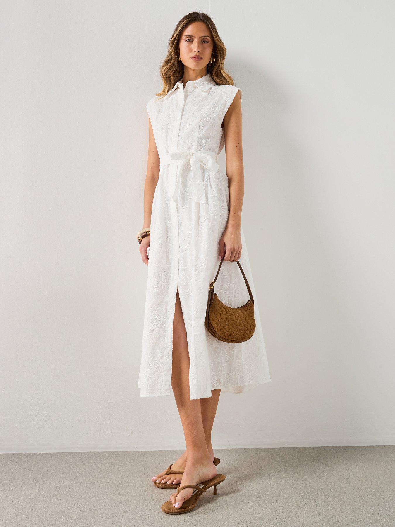 Mango Embroidered Belt Dress - Ivory