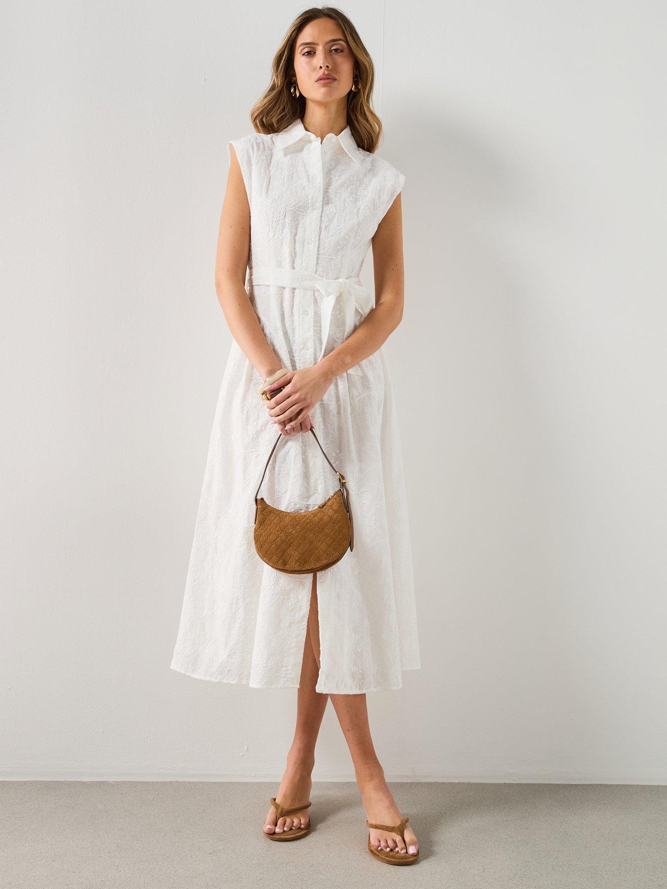 Image 3 of 6 of Mango Embroidered Belt Dress - ecru