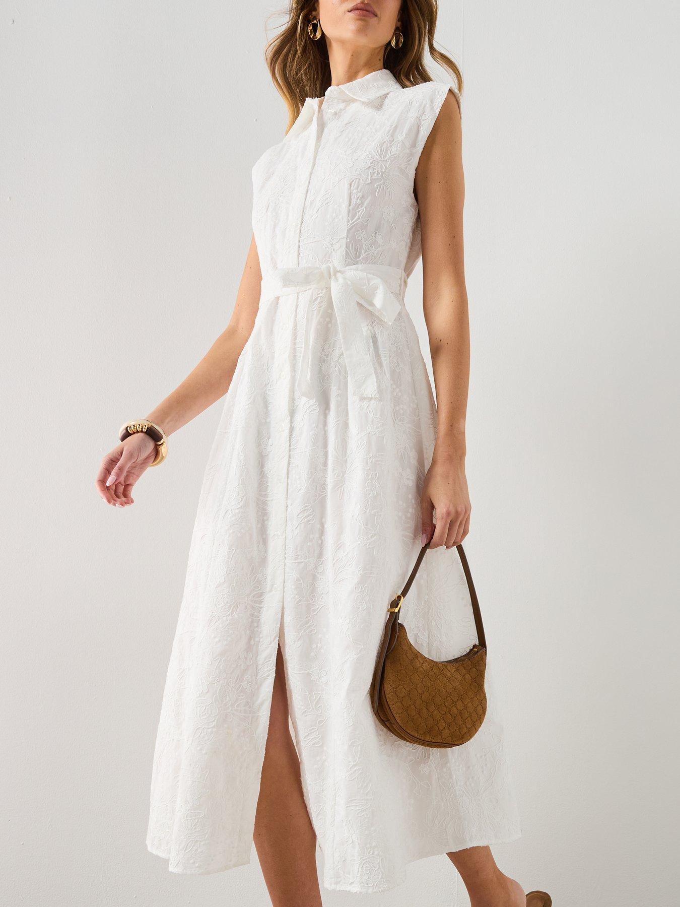 Image 4 of 6 of Mango Embroidered Belt Dress - ecru
