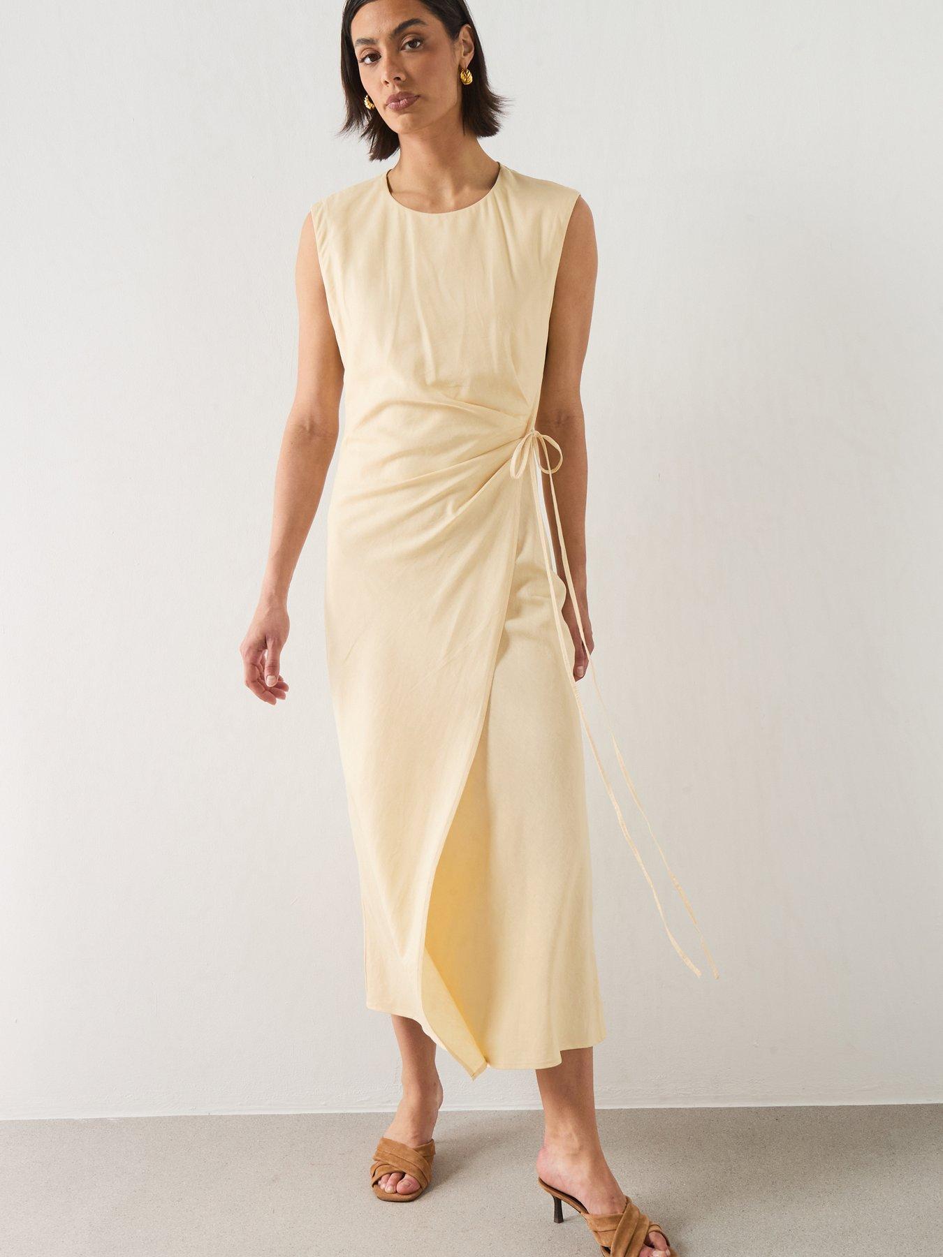 Image 5 of 6 of Mango Wrap Midi-Dress With Tie Detail - Cream