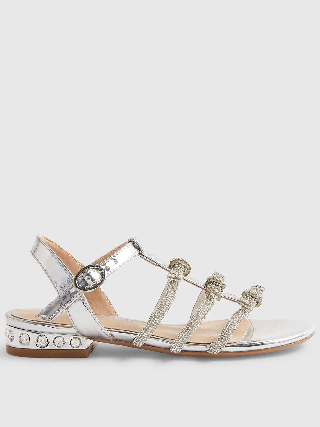 River Island Older Girls Bow Diamante Heel Flat Sandals - Silver