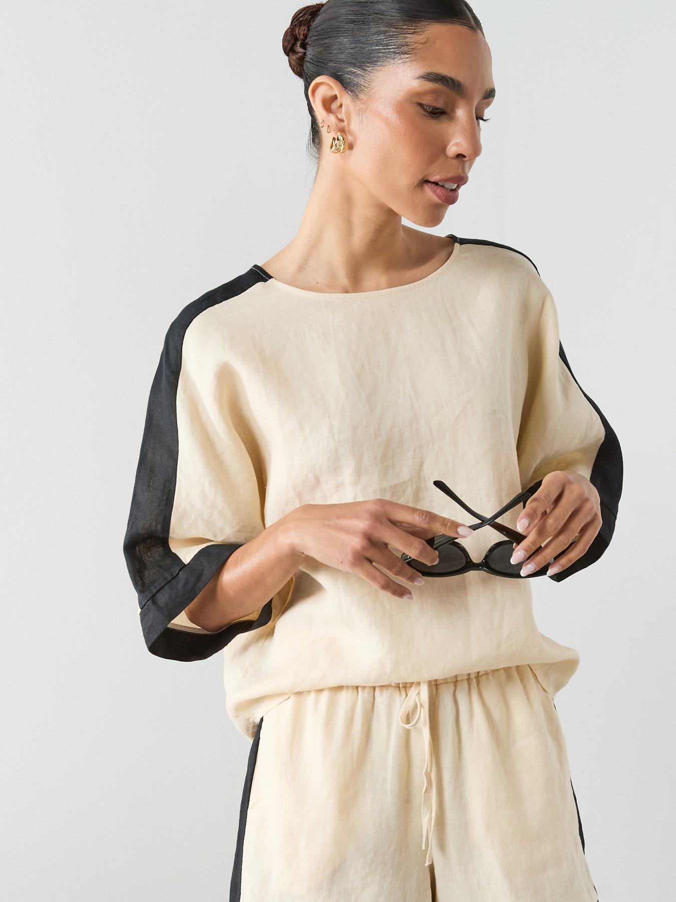  image of mango-linen-blouse-with-contrasting-stripes-cream