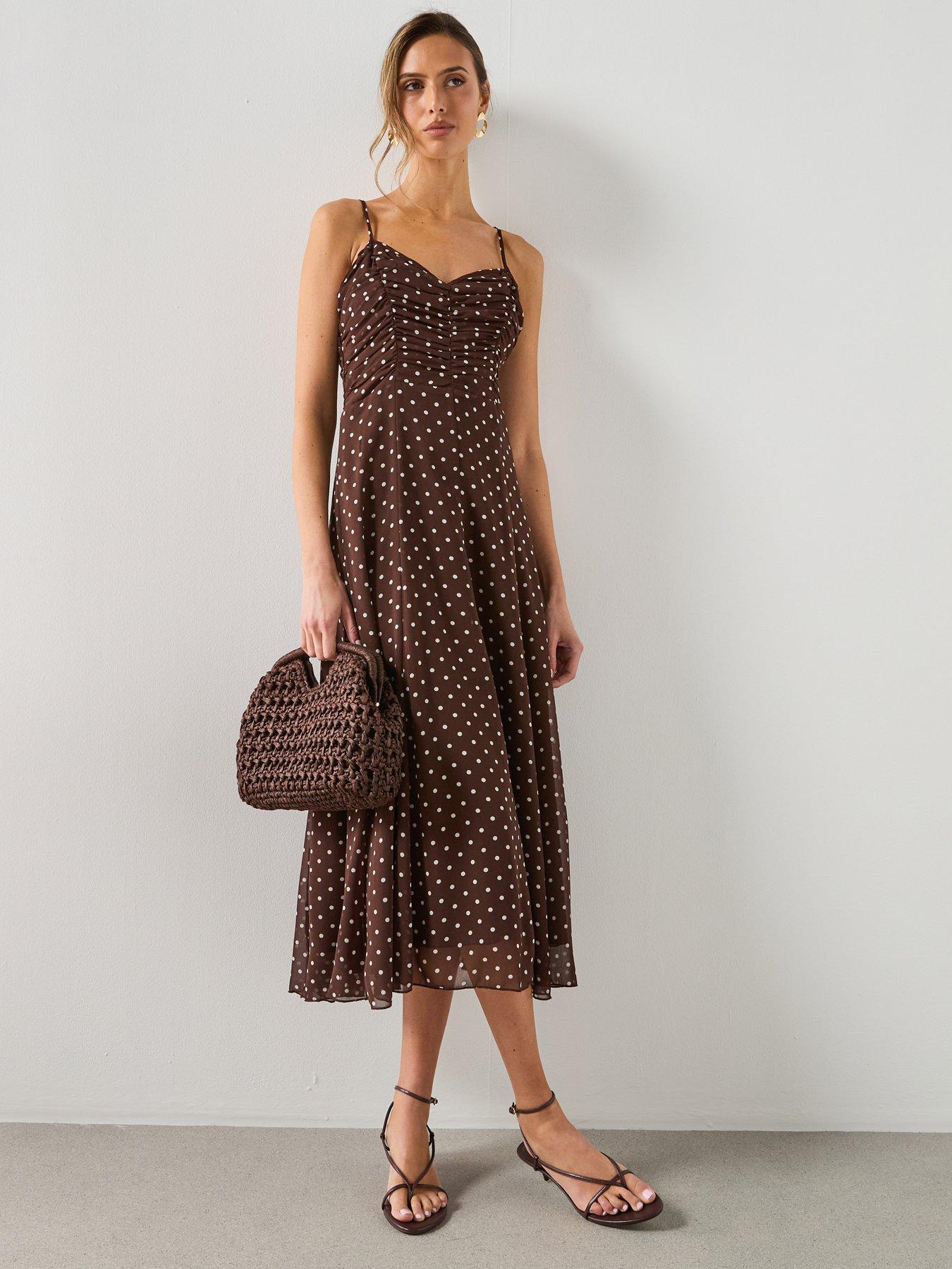 Mango Polka Dot Dress With Gathered Neckline - Brown