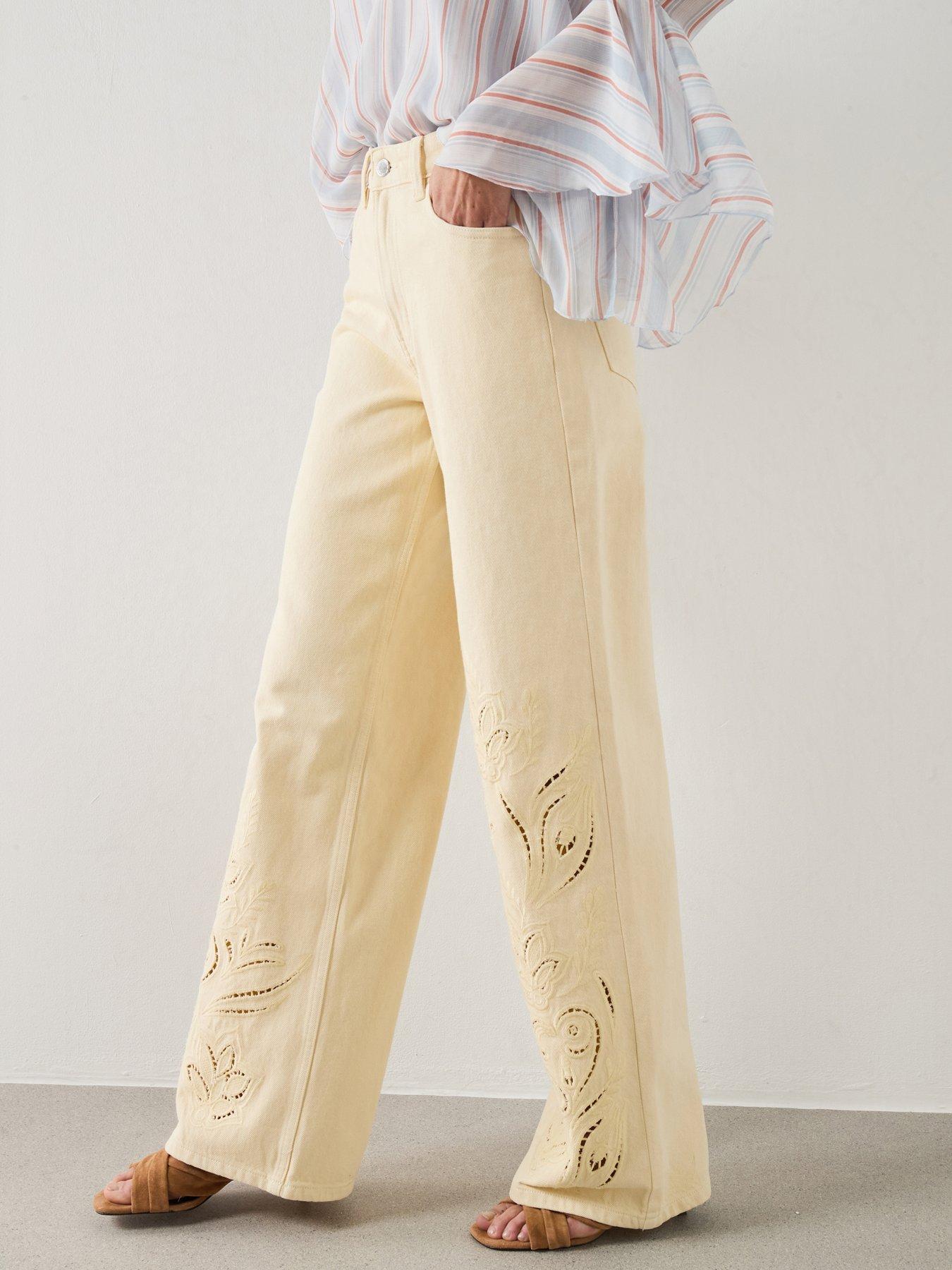 Mango Embroidered Cut-out Straight Jeans - Vanilla