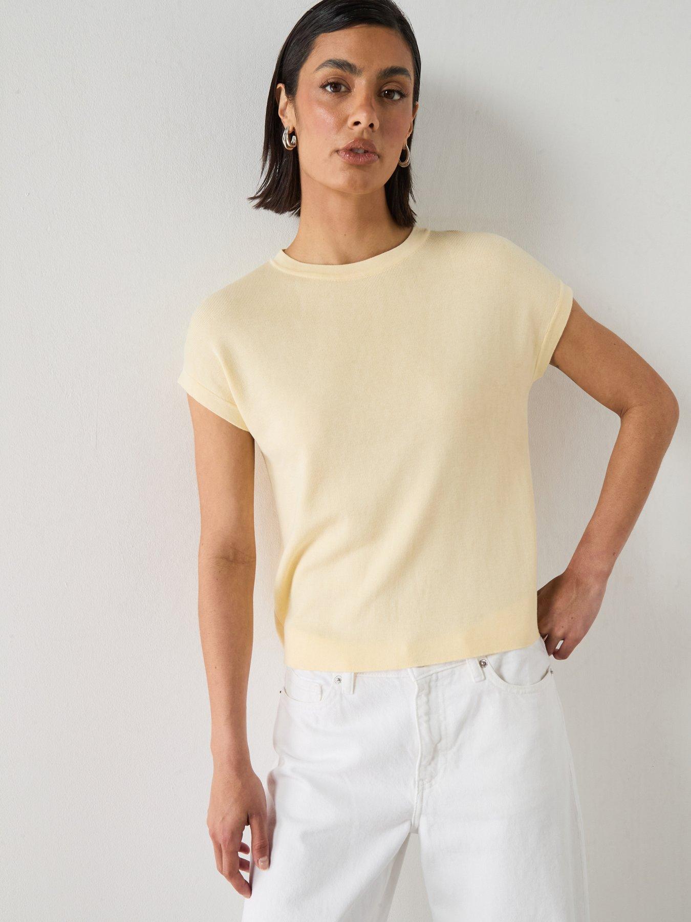 Mango Short-Sleeved Knitted Cotton Sweater - Yellow