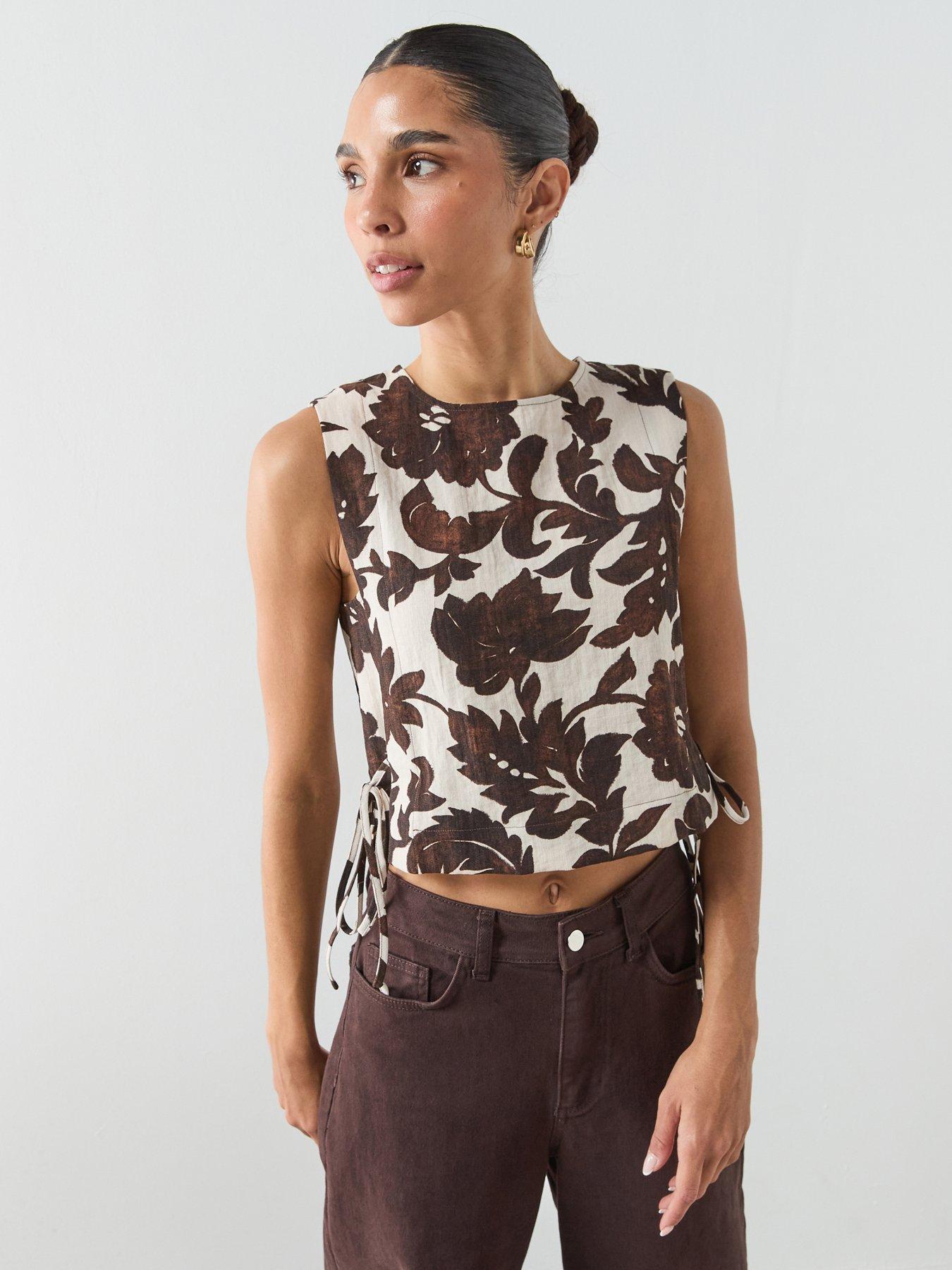 Mango Floral Print Crop Top - Brown