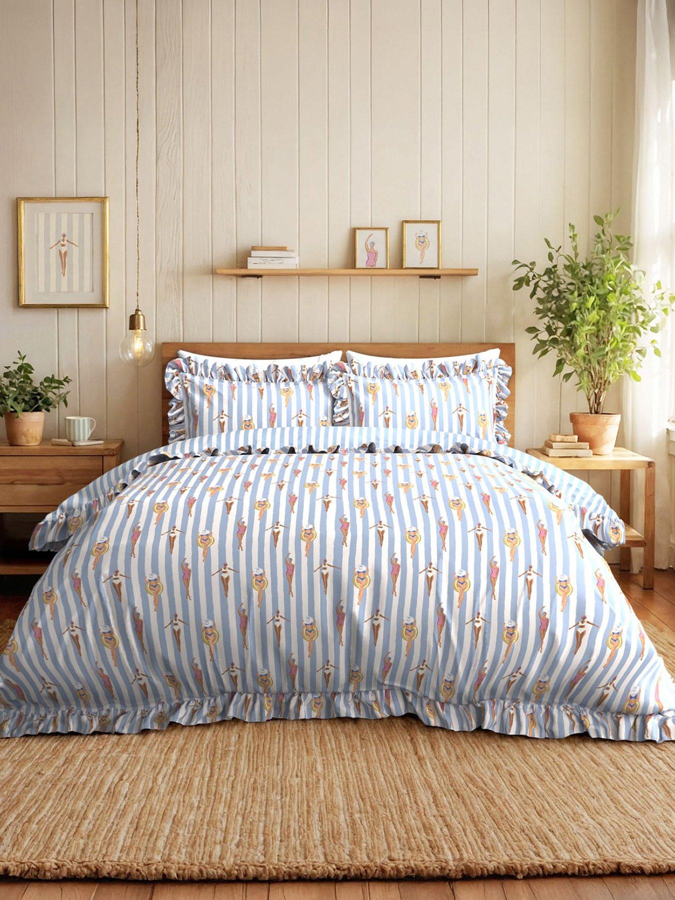 CHELSEA PEERS Swimming Society Stripe Print Reversible Frill 10% Cotton Duvet Set - Blue