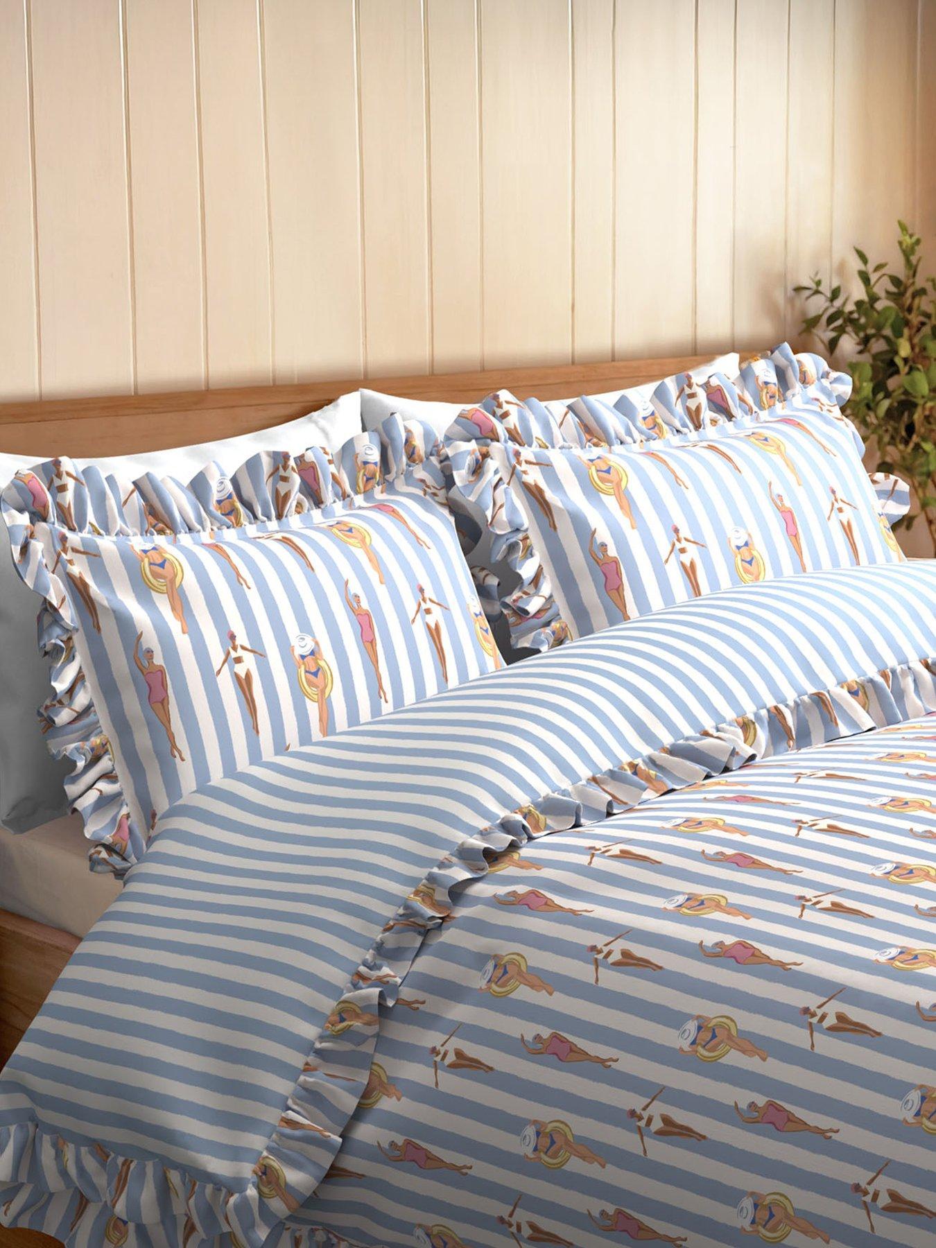 Image 2 of 3 of CHELSEA PEERS Swimming Society Stripe Print Reversible Frill 10% Cotton Duvet Set - Blue
