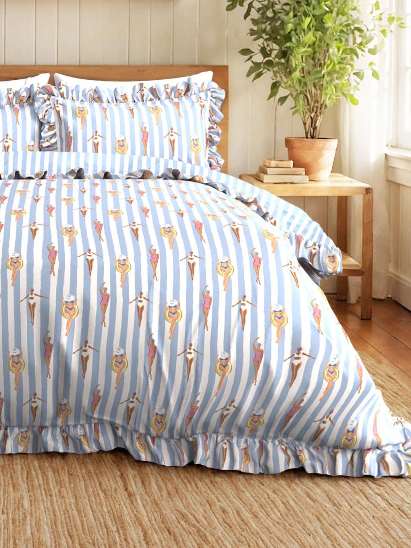 Image 3 of 3 of CHELSEA PEERS Swimming Society Stripe Print Reversible Frill 10% Cotton Duvet Set - Blue