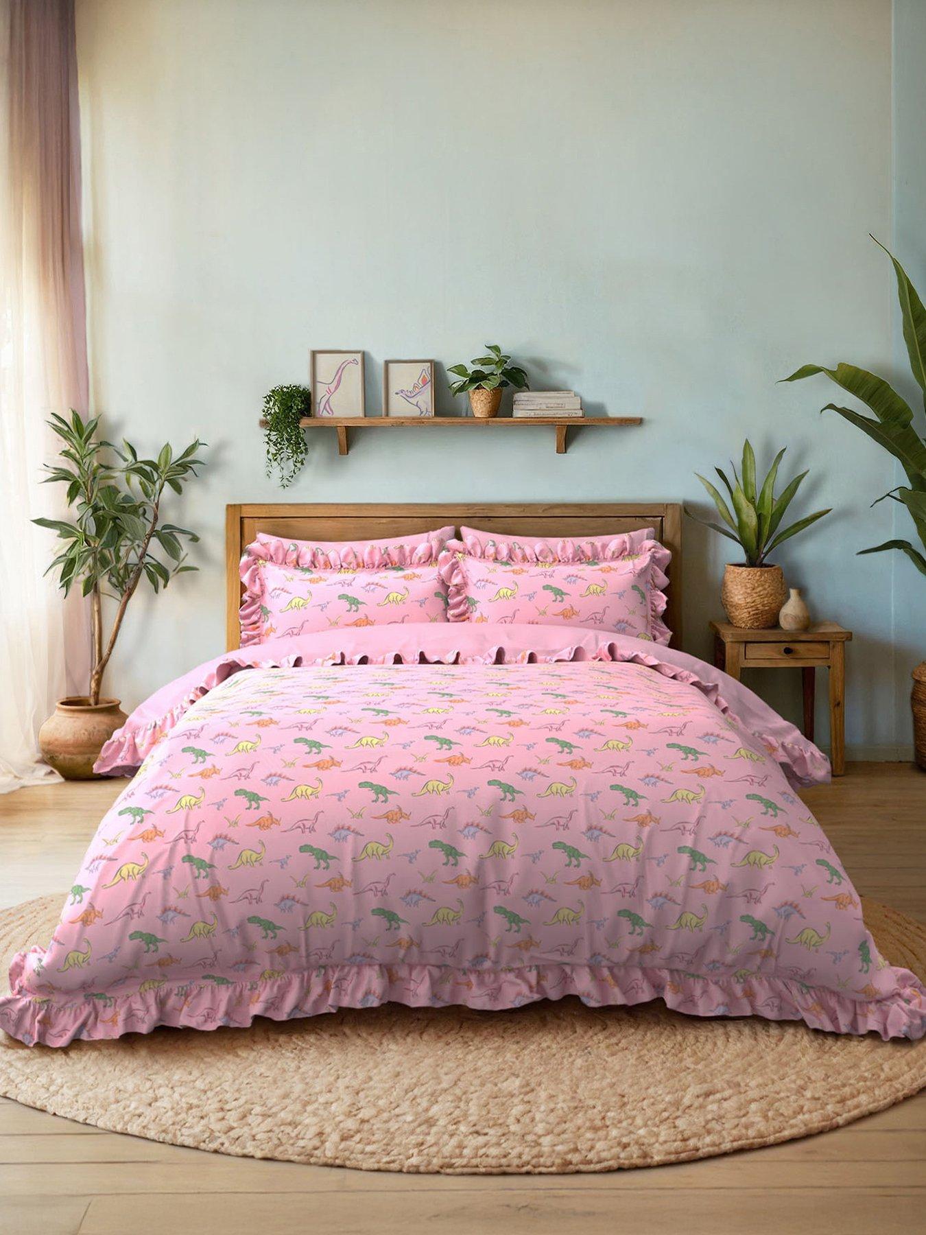 CHELSEA PEERS Dinosaur Print Reversible Frill 100% Cotton Duvet Set - Pink