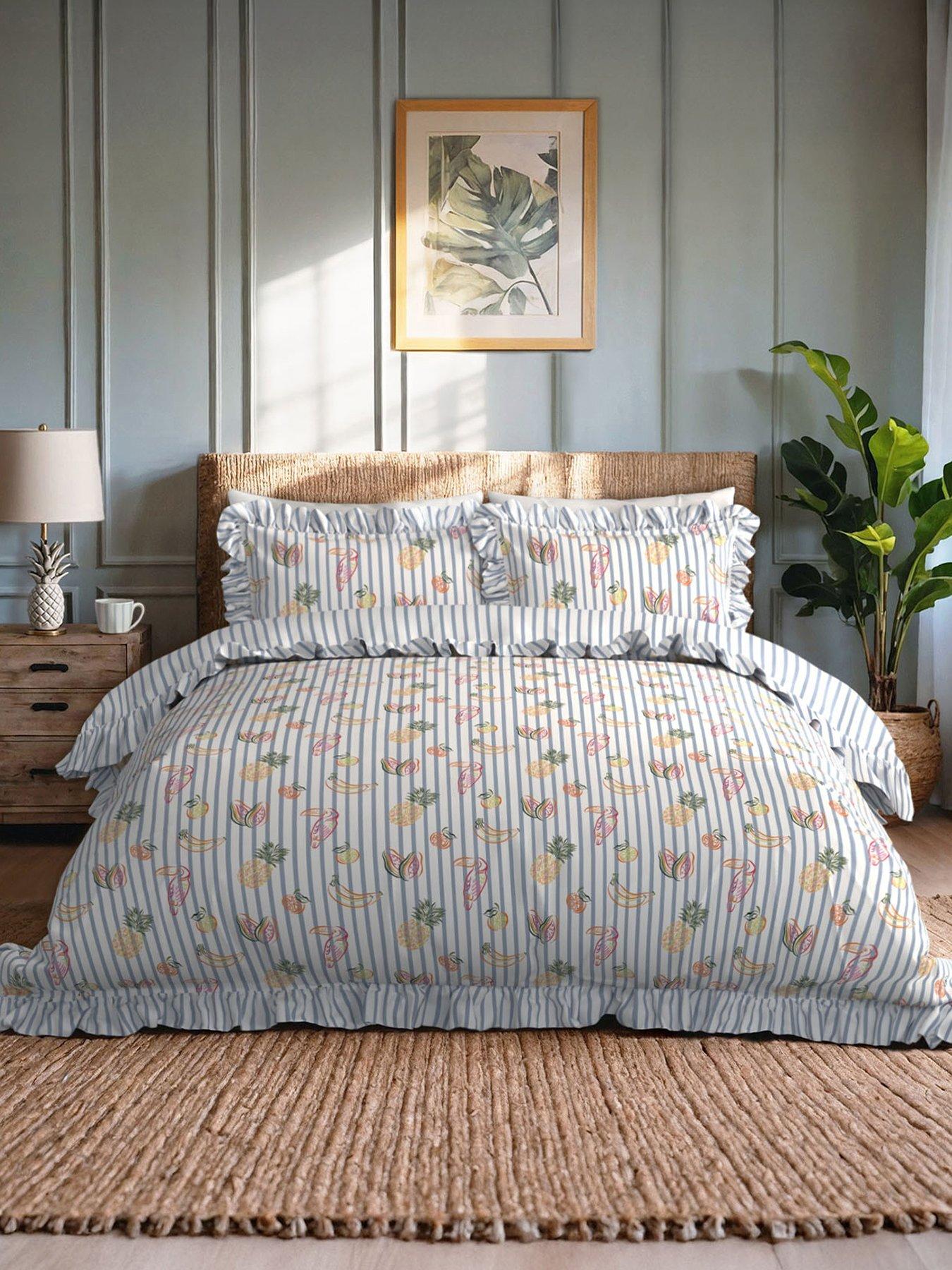 CHELSEA PEERS Fruit Print Reversible Frill Stripe 100% Cotton Duvet Set - Blue