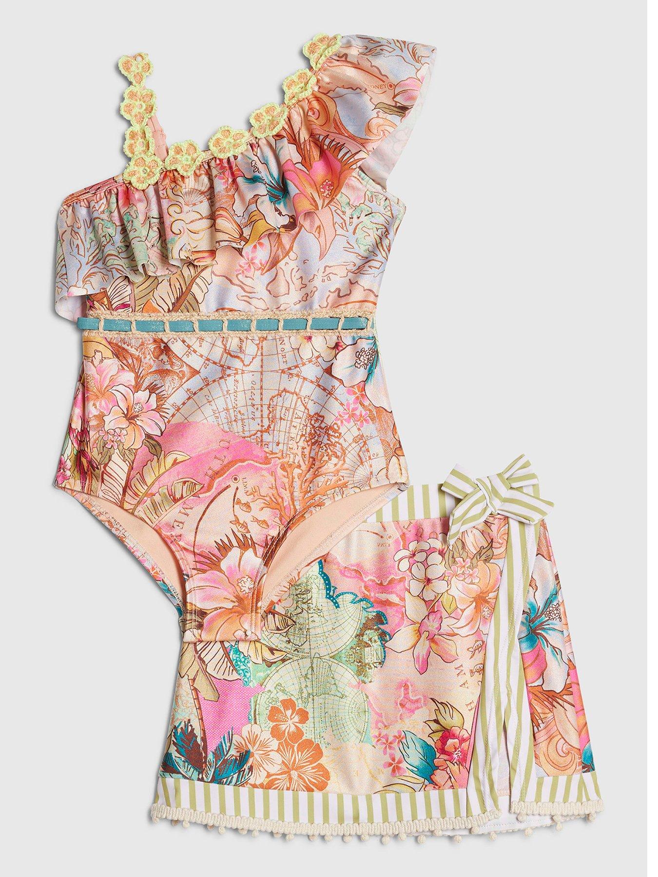Image 1 of 5 of River Island Mini Girls Del Maar Floral Swimsuit And Skirt Set - Orange