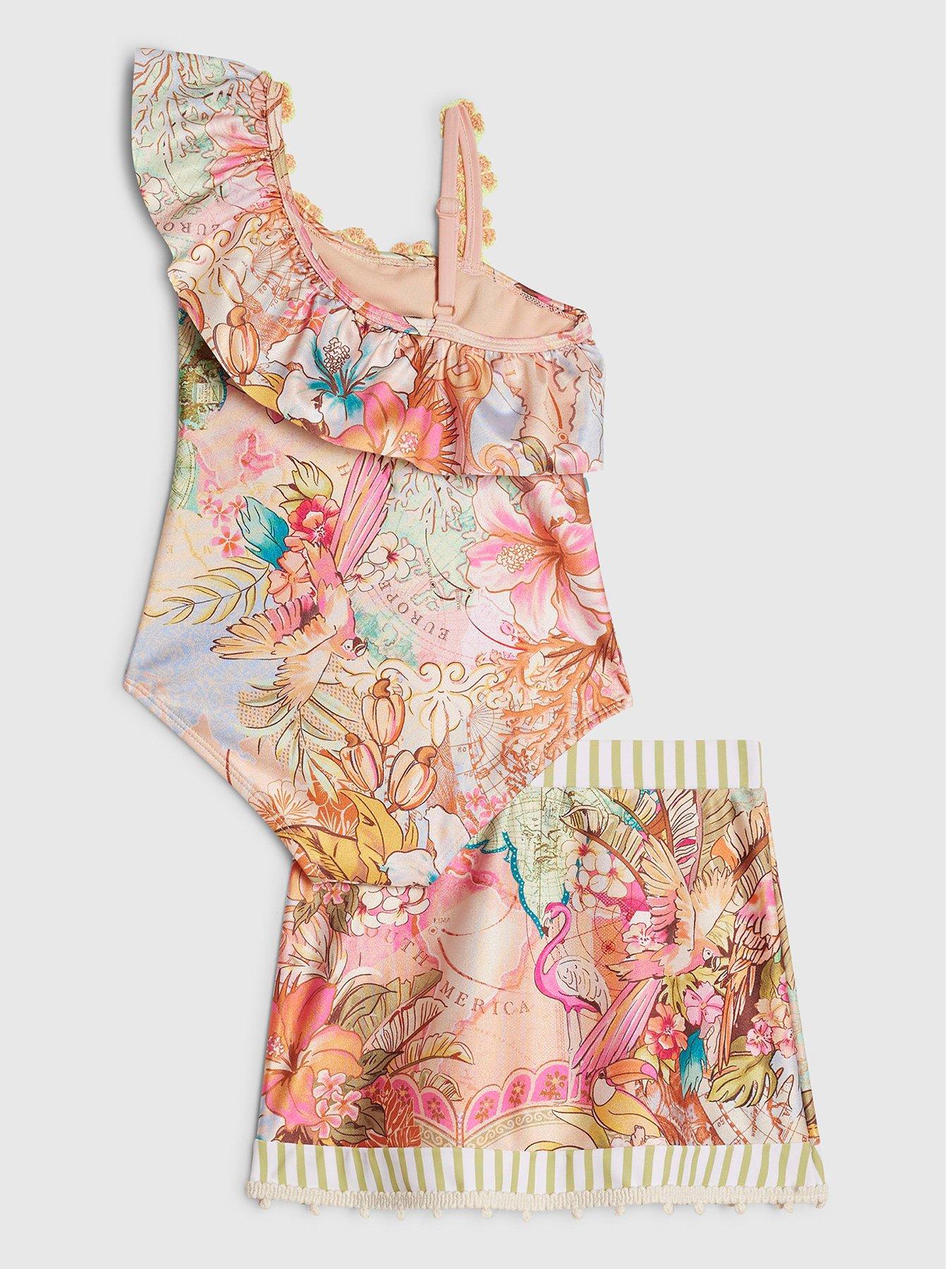 Image 2 of 5 of River Island Mini Girls Del Maar Floral Swimsuit And Skirt Set - Orange