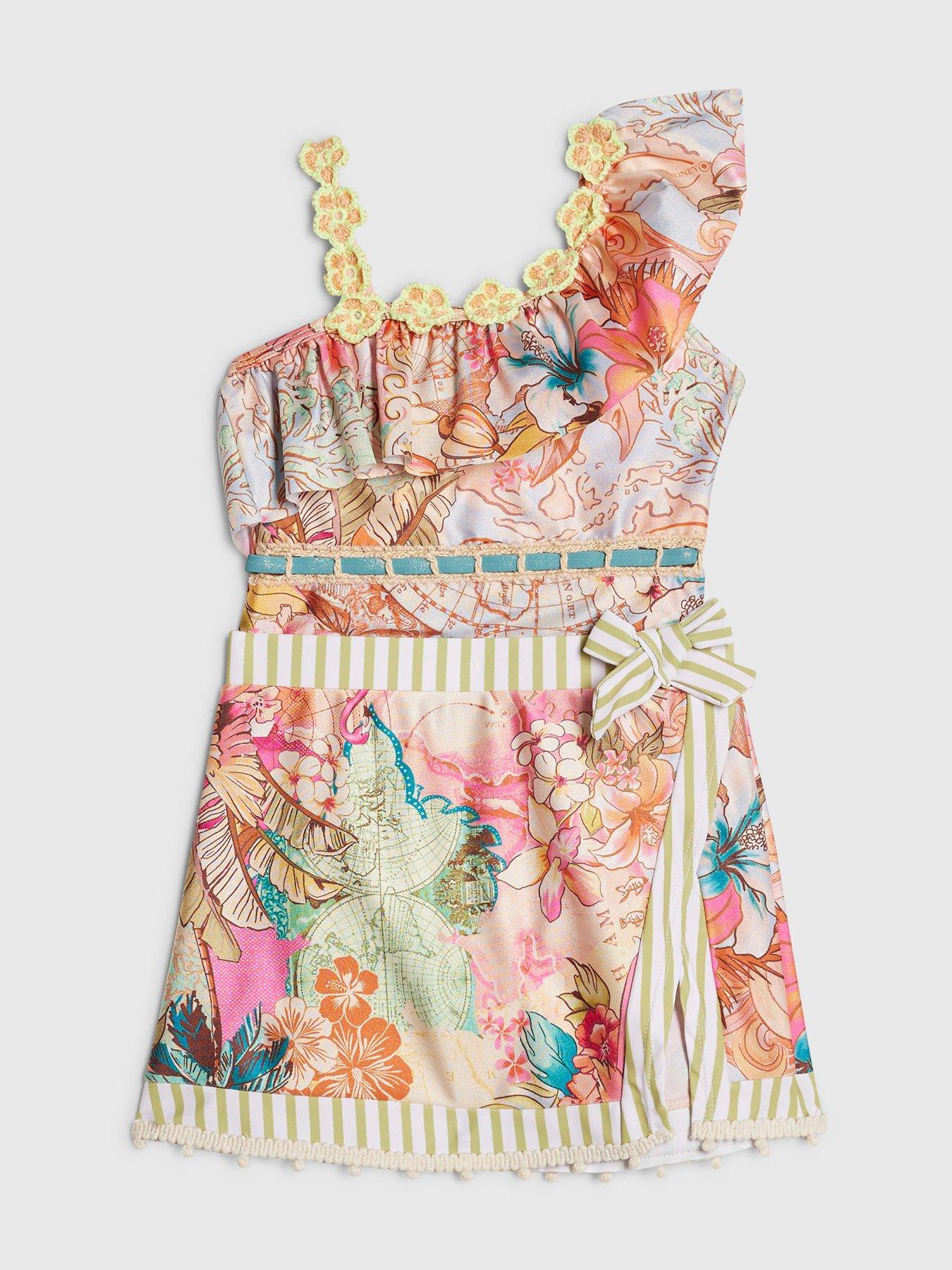 Image 3 of 5 of River Island Mini Girls Del Maar Floral Swimsuit And Skirt Set - Orange
