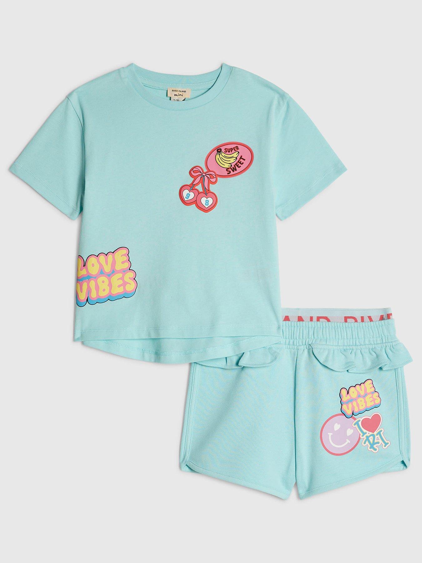 Image 1 of 5 of River Island Mini Girls Love Vibes Back Print Shorts Set - Blue - Green