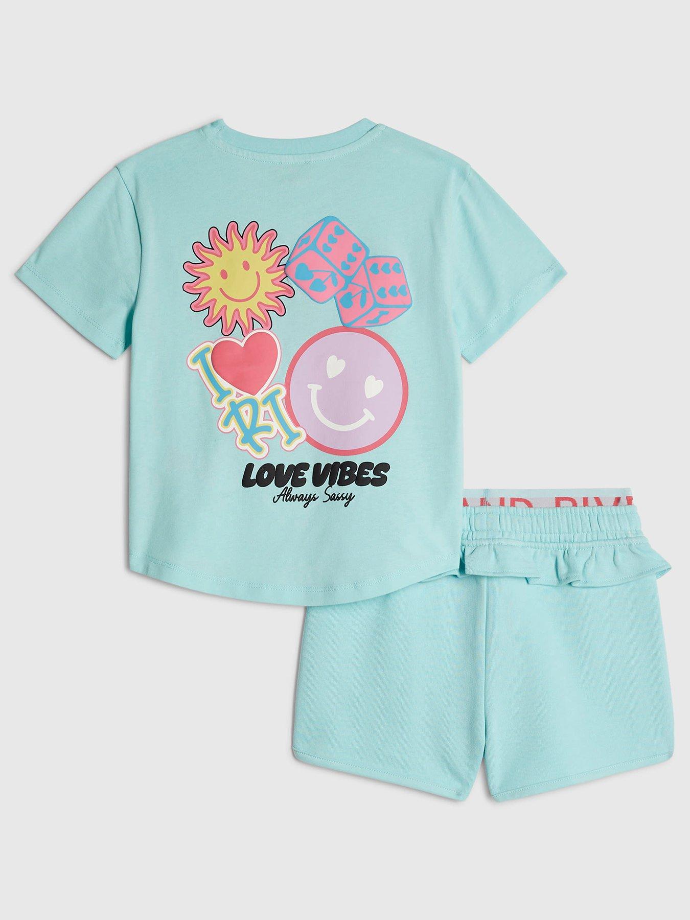 Image 2 of 5 of River Island Mini Girls Love Vibes Back Print Shorts Set - Blue - Green