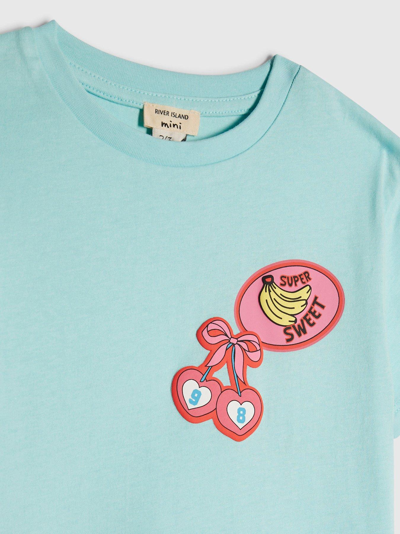 Image 5 of 5 of River Island Mini Girls Love Vibes Back Print Shorts Set - Blue - Green