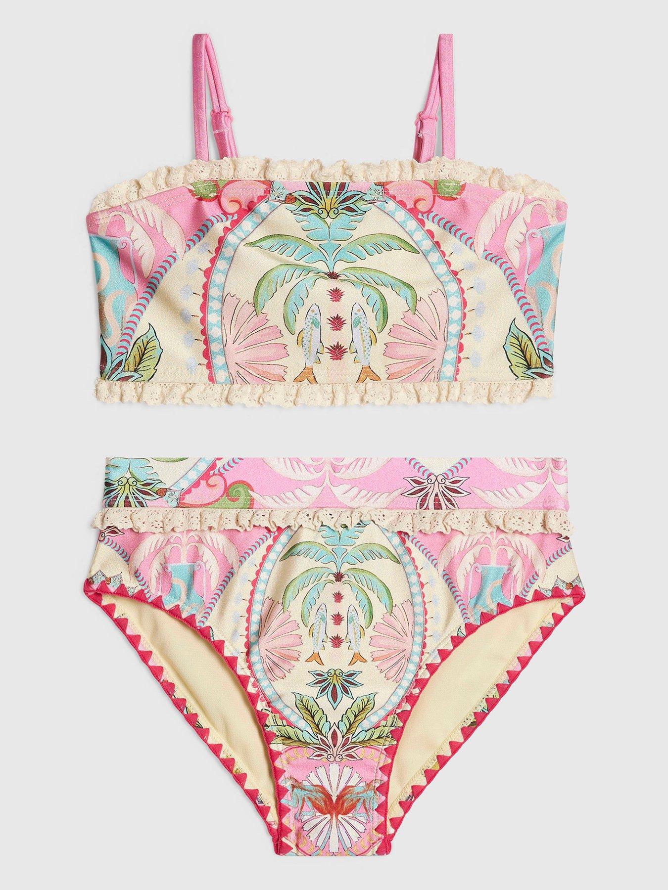 Image 1 of 4 of River Island Older Girls Palm Tree Frill Bikini Set - Pink