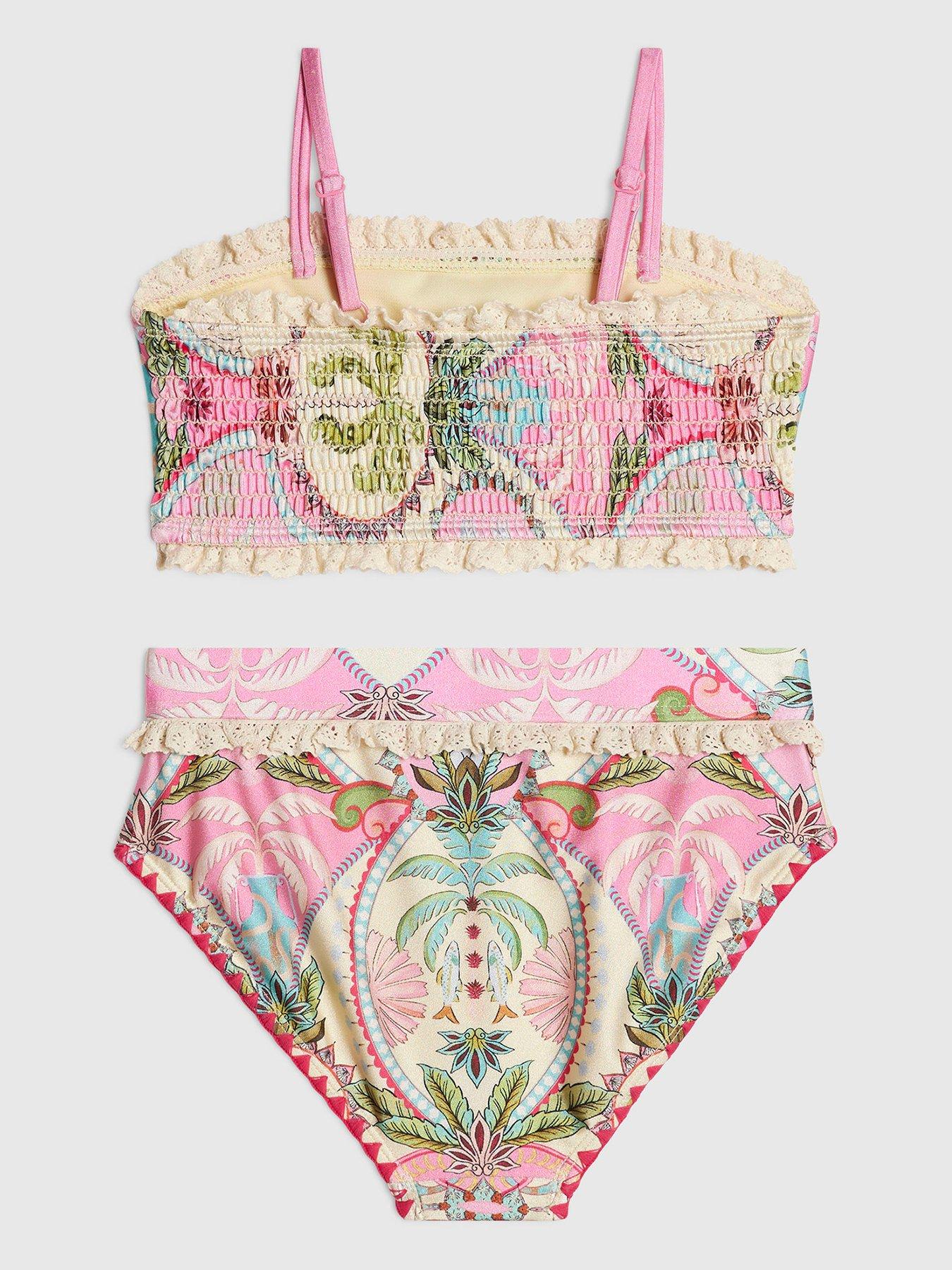 Image 2 of 4 of River Island Older Girls Palm Tree Frill Bikini Set - Pink