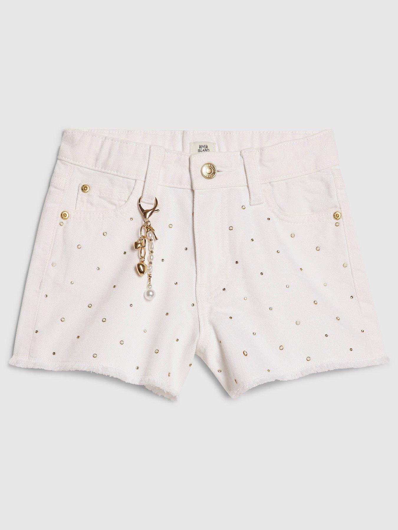 River Island Older Girls Embellished Pearl Denim Shorts - White