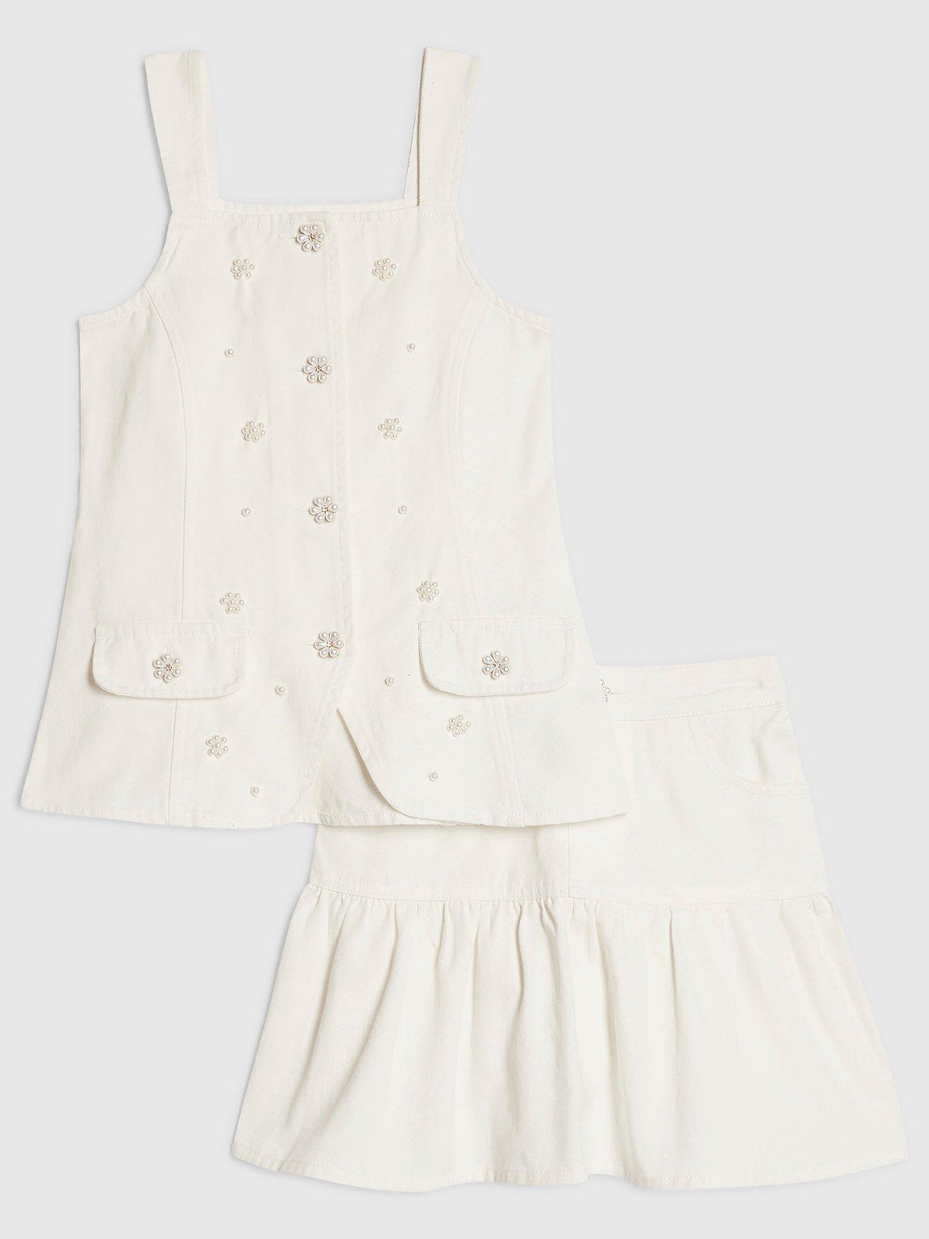 River Island Older Girls Pearl Waistcoat Skirt Set - White