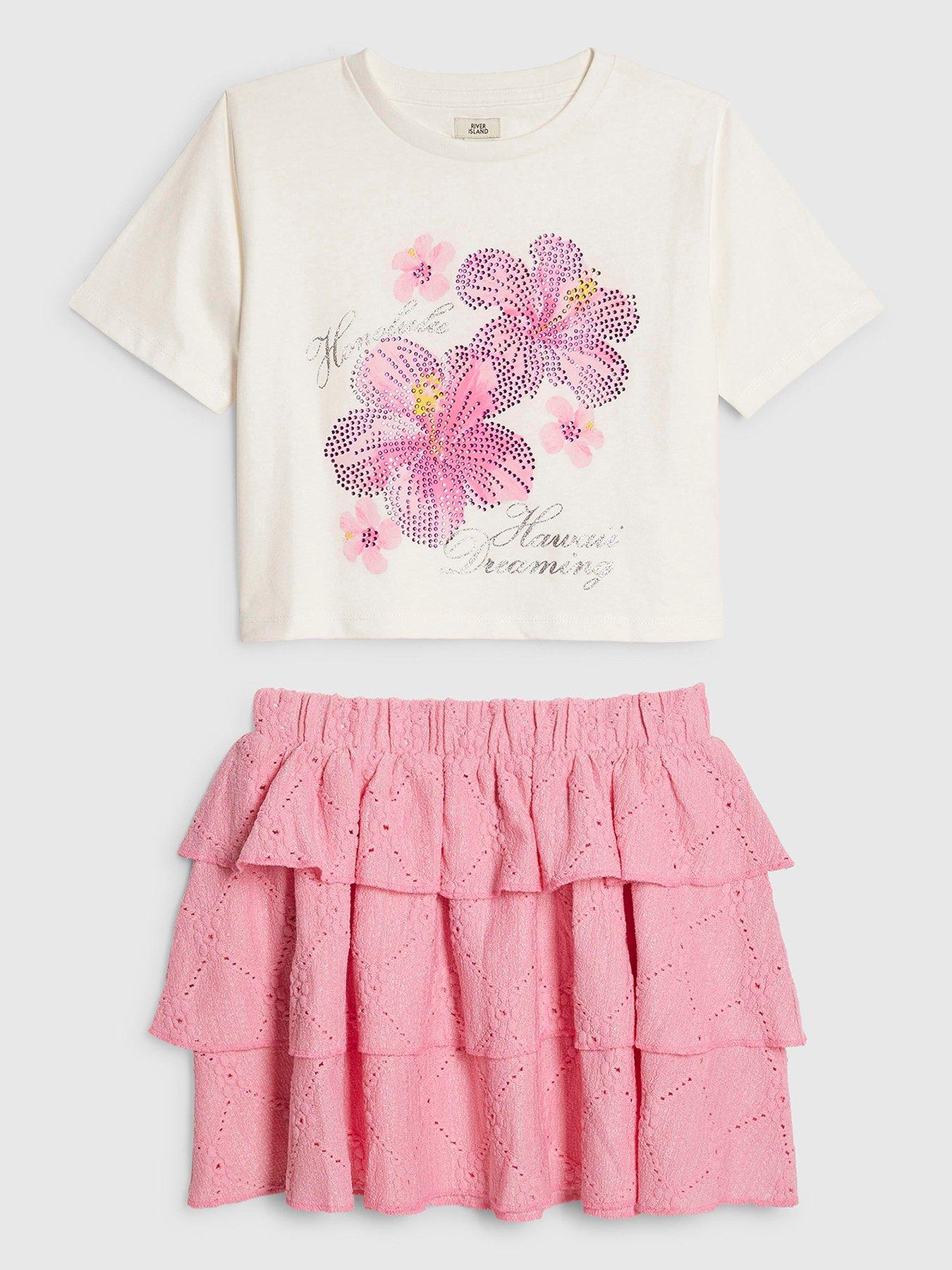 Image 1 of 3 of River Island Older Girls Floral Rara Skirt Set - Pink