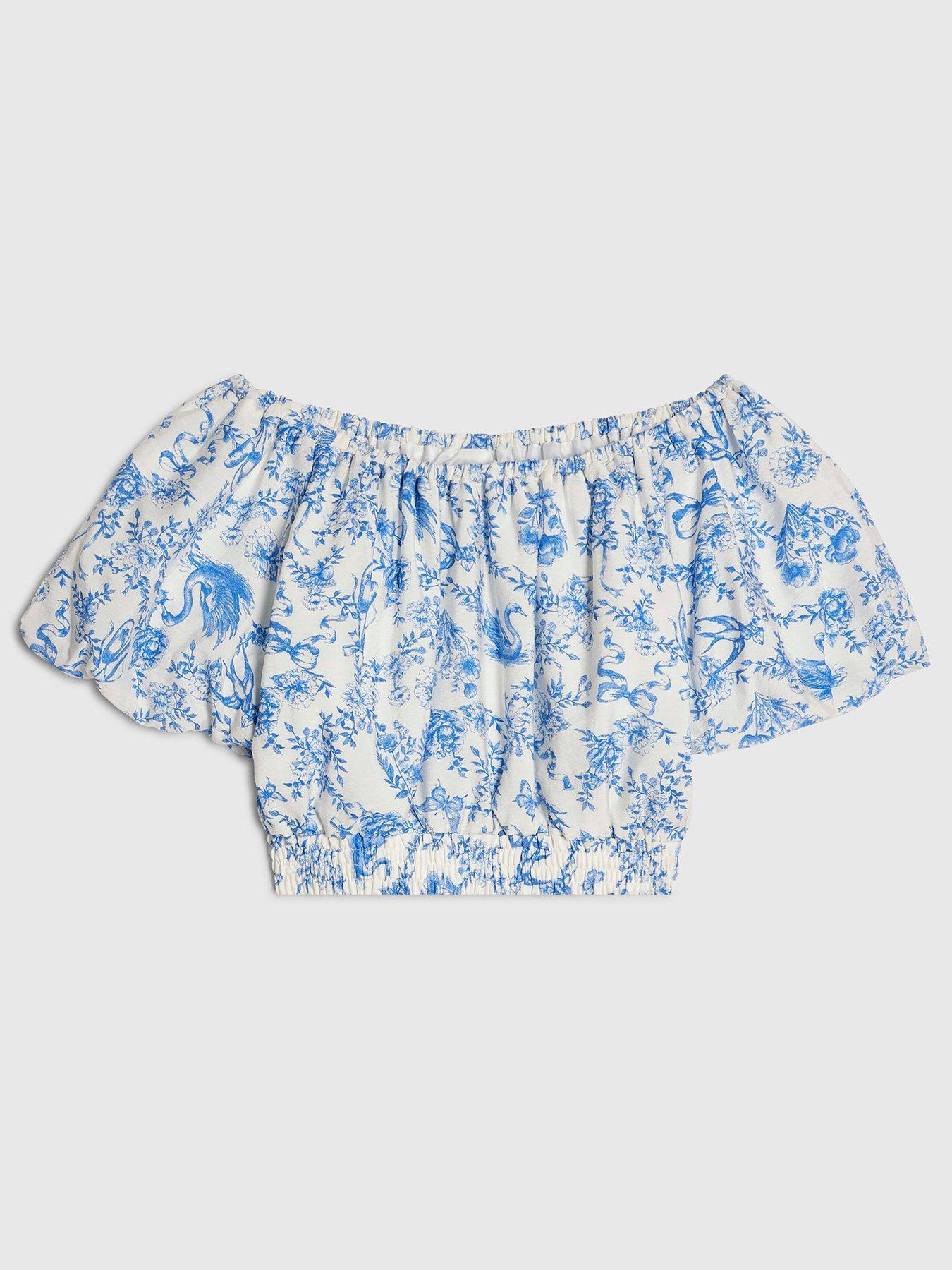 River Island Older Girls Toile Print Bardot Crop Top - Blue