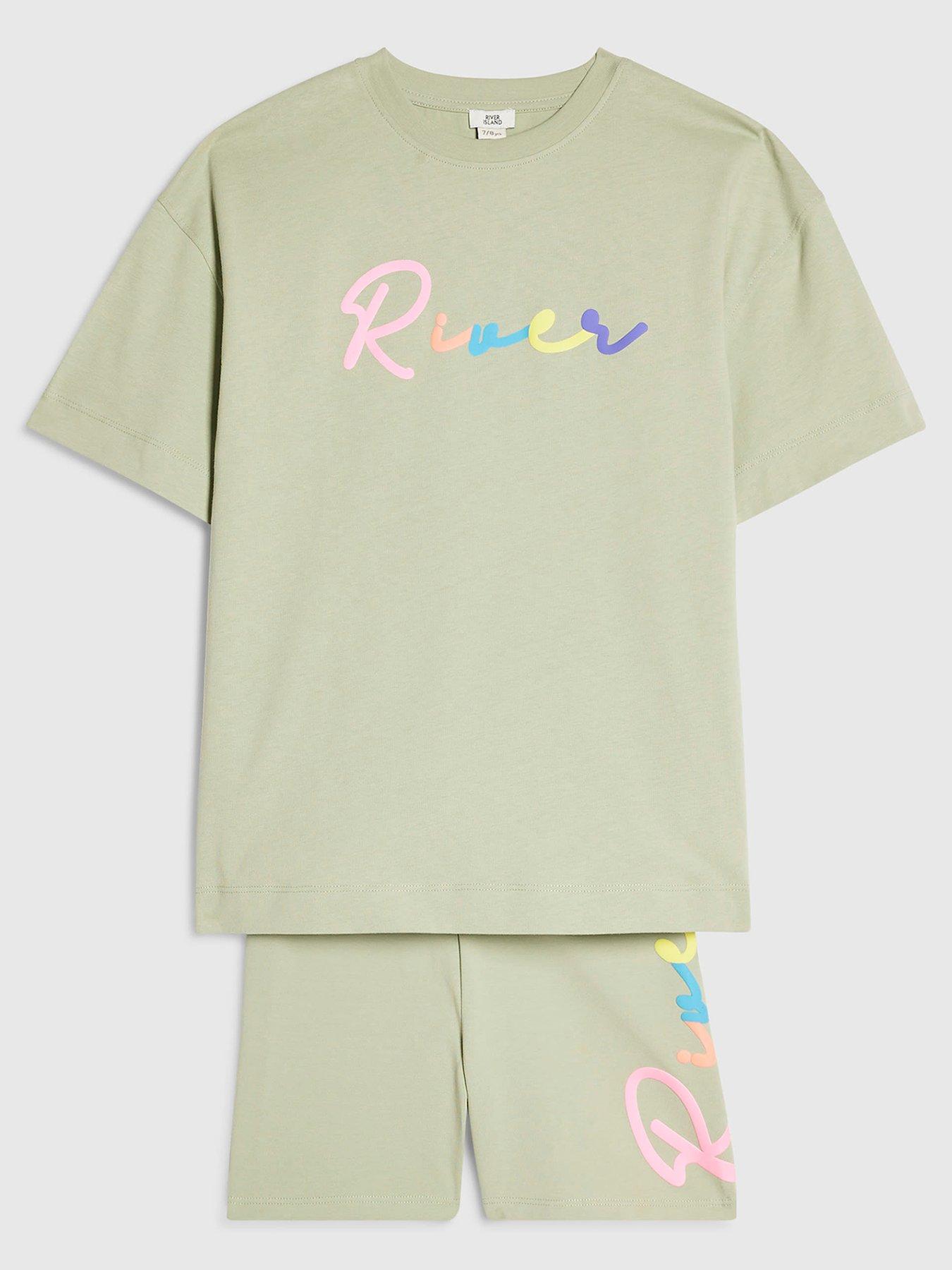 River Island Older Girls Neon Scripty Text T-Shirt And Shorts Set - Light Khaki