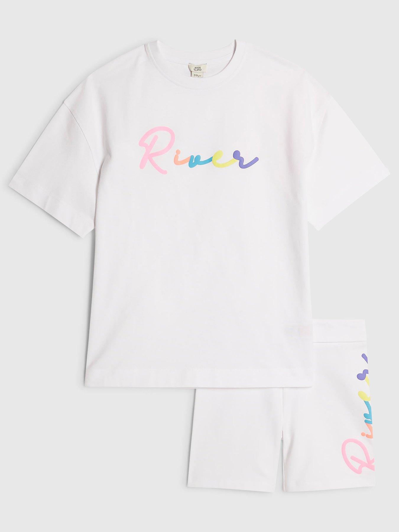 Image 1 of 5 of River Island Older Girls Scripty Neon T-Shirt And Shorts Set - White