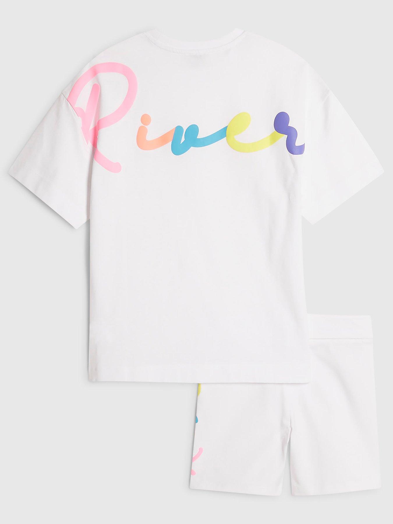 Image 2 of 5 of River Island Older Girls Scripty Neon T-Shirt And Shorts Set - White