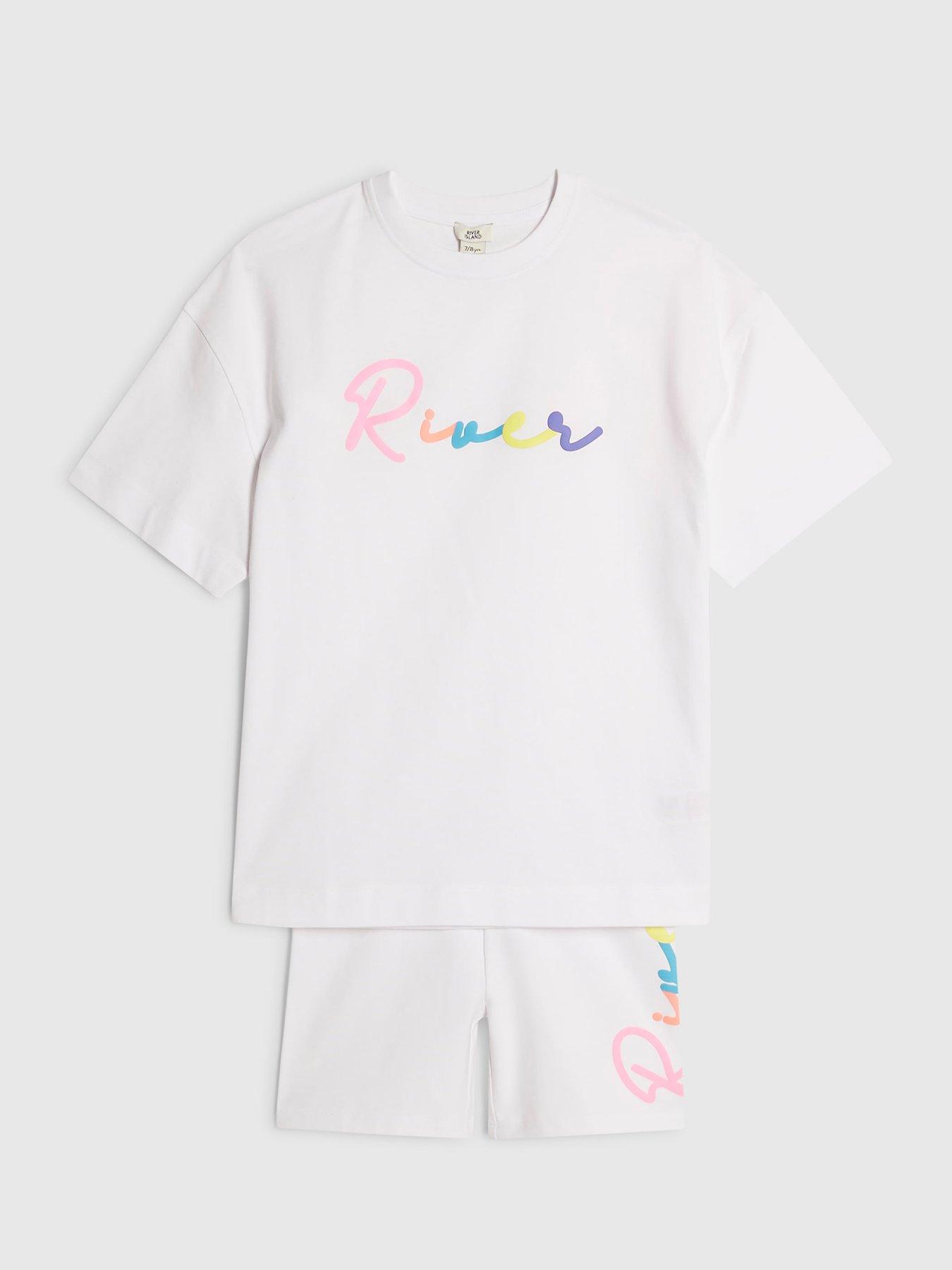 Image 3 of 5 of River Island Older Girls Scripty Neon T-Shirt And Shorts Set - White