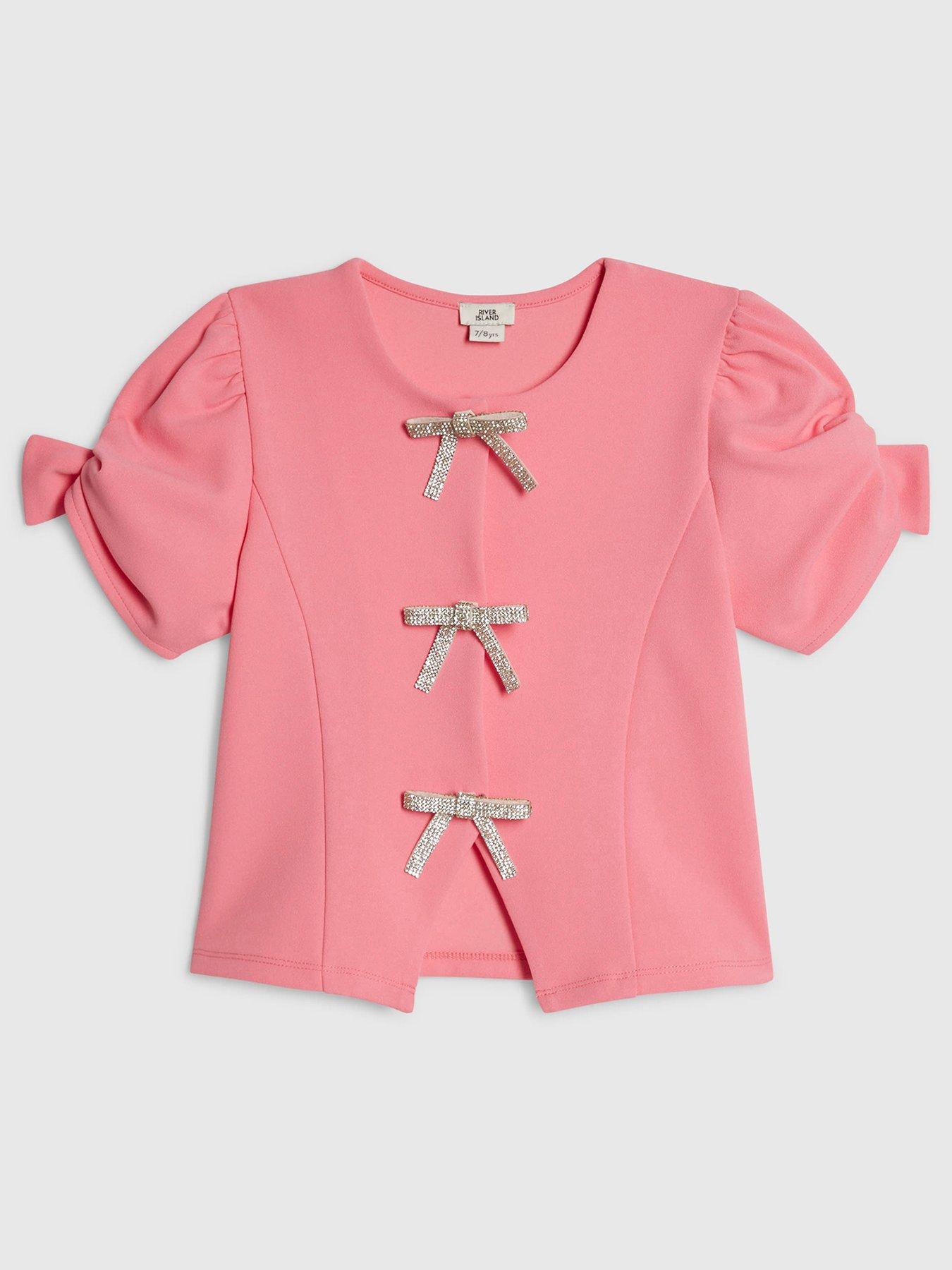 River Island Older Girls Textured Bow Puff Sleeve Top - Pink
