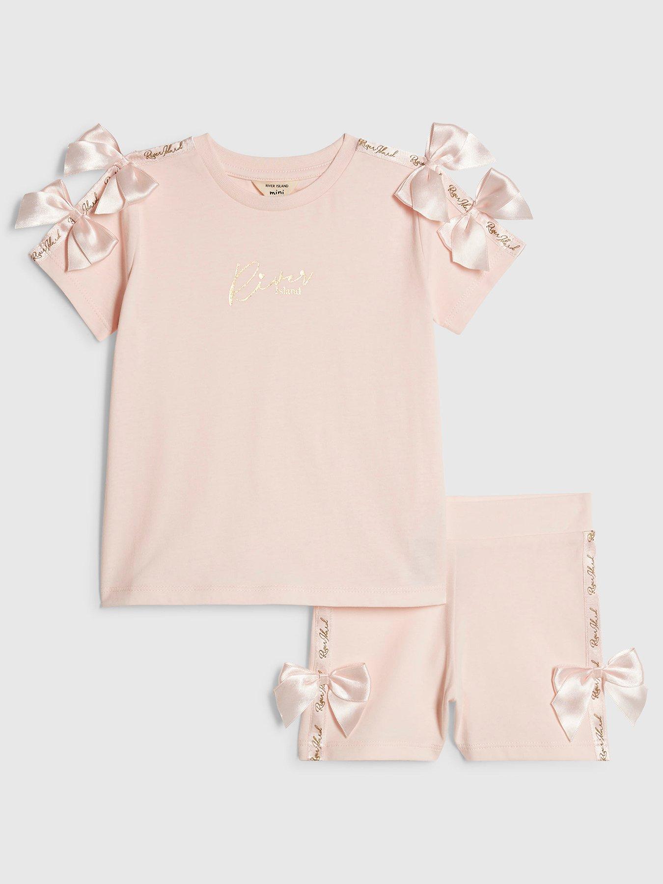 River Island Mini Girls Satin Bow Cycle Short Set - Pink