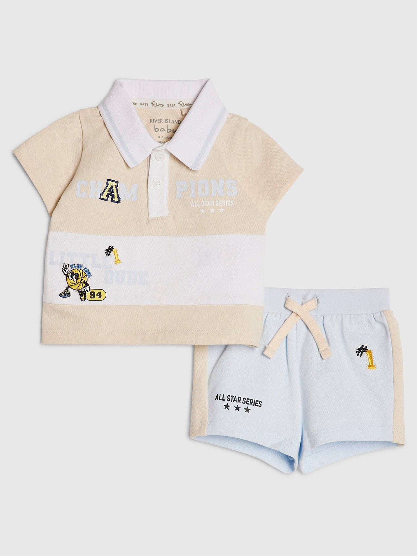 River Island Baby Boys Basketball Polo Shirt Set - Blue