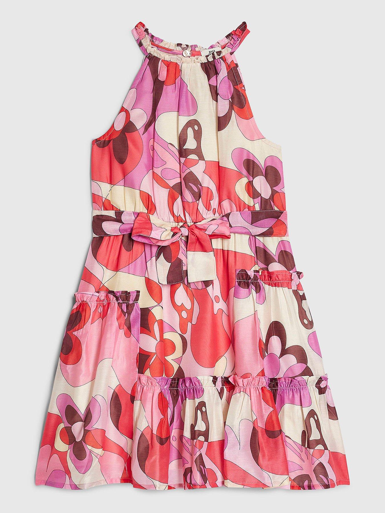River Island Older Girls Satin Printed Halter Neck Dress - Pink