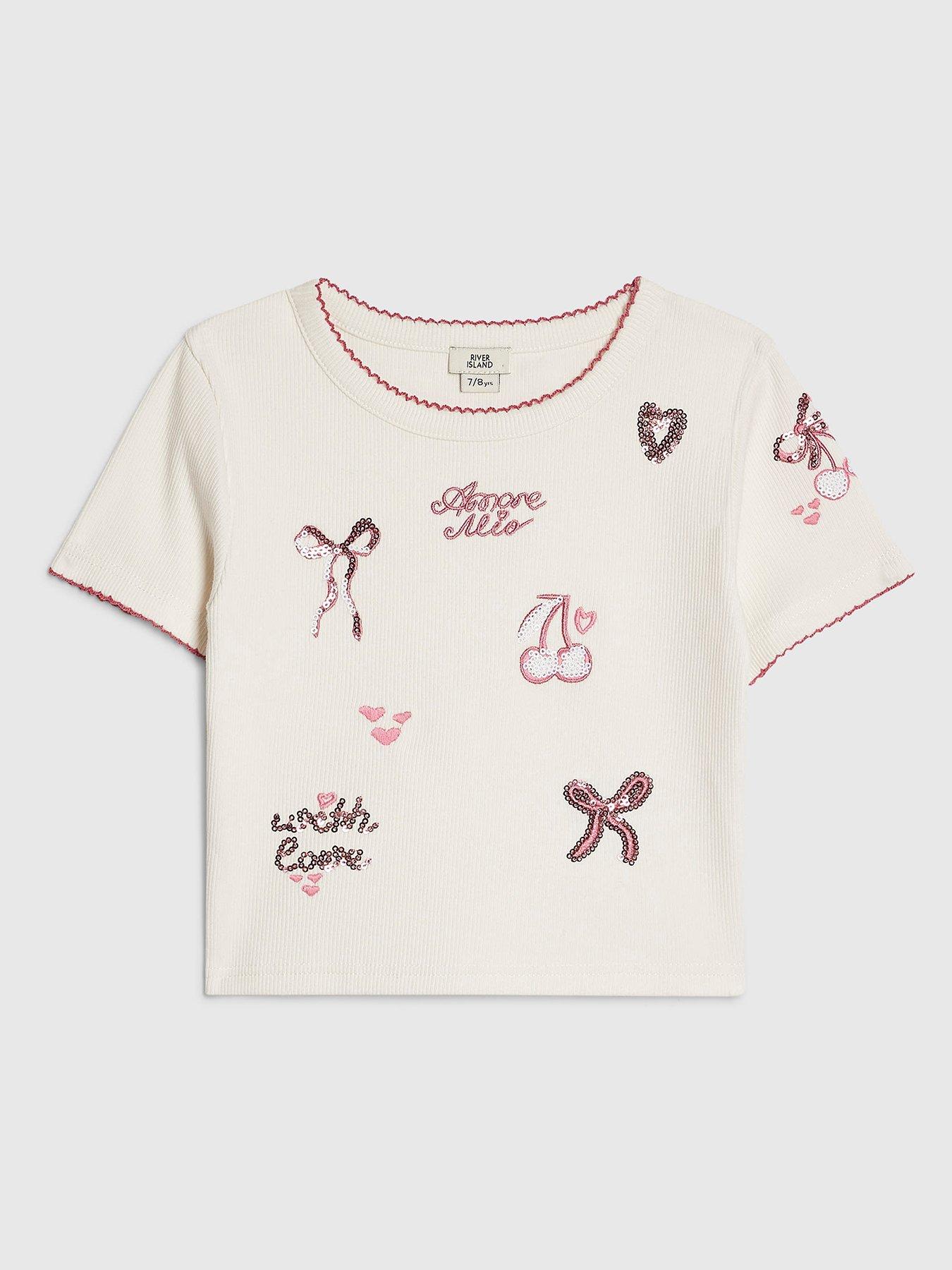 Image 1 of 4 of River Island Older Girls Sequin Embroidered T-Shirt - Cream