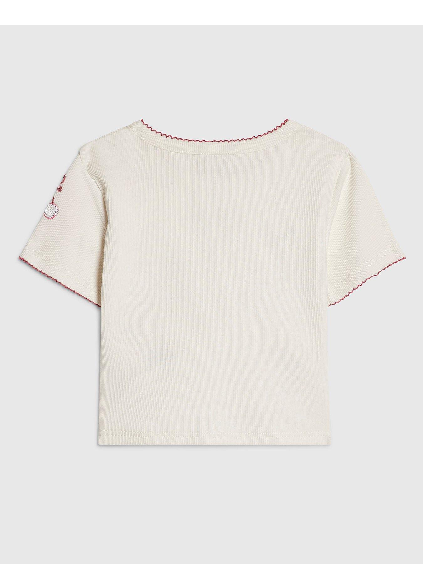 Image 2 of 4 of River Island Older Girls Sequin Embroidered T-Shirt - Cream