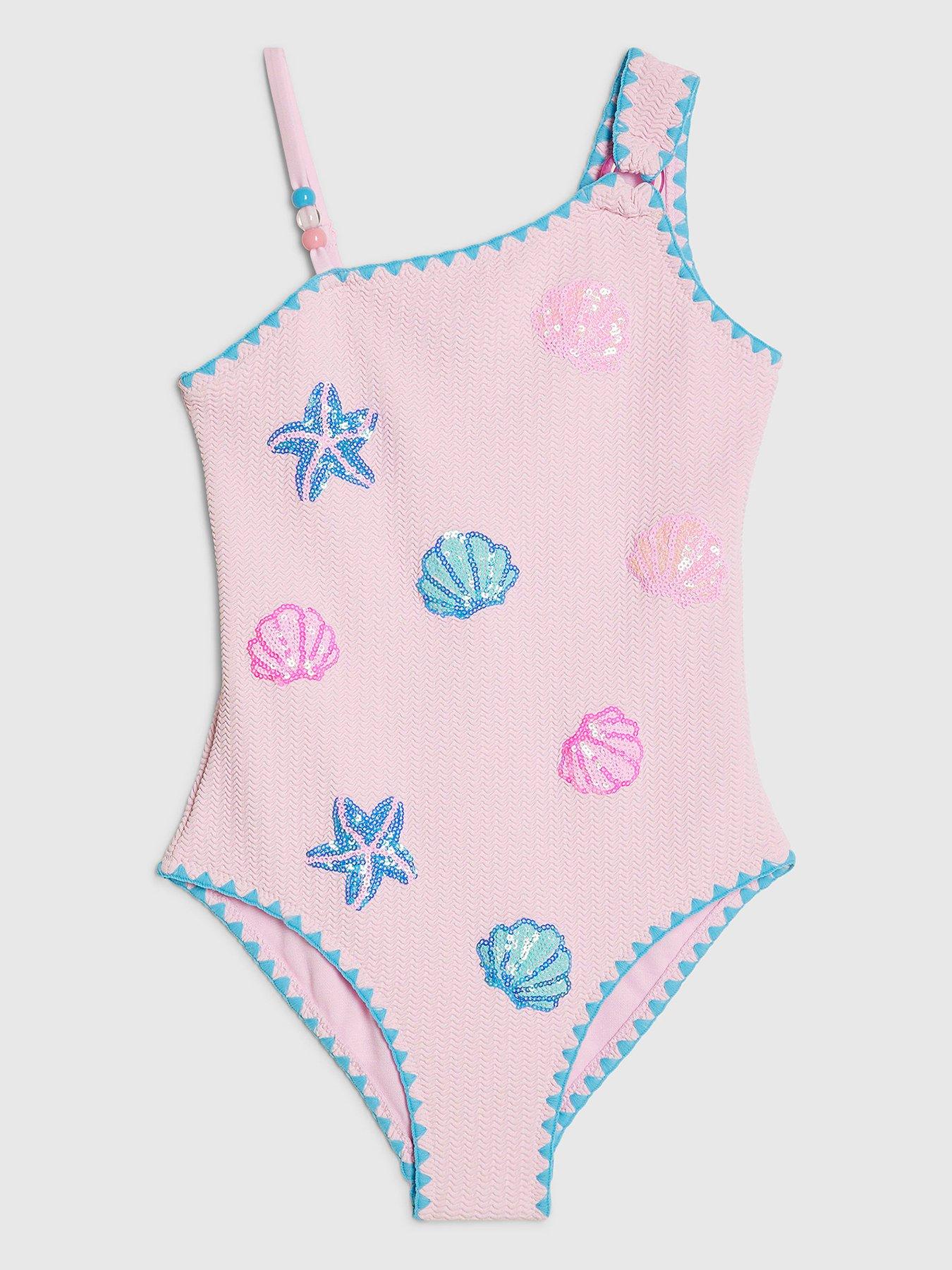 River Island Older Girls Sequin Seashell Swimsuit - Pink
