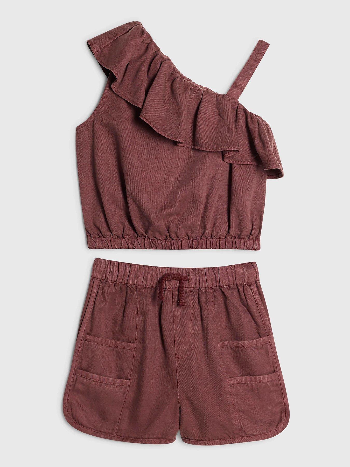 Image 1 of 4 of River Island Older Girls&nbsp;One Shoulder Set - Dark Purple