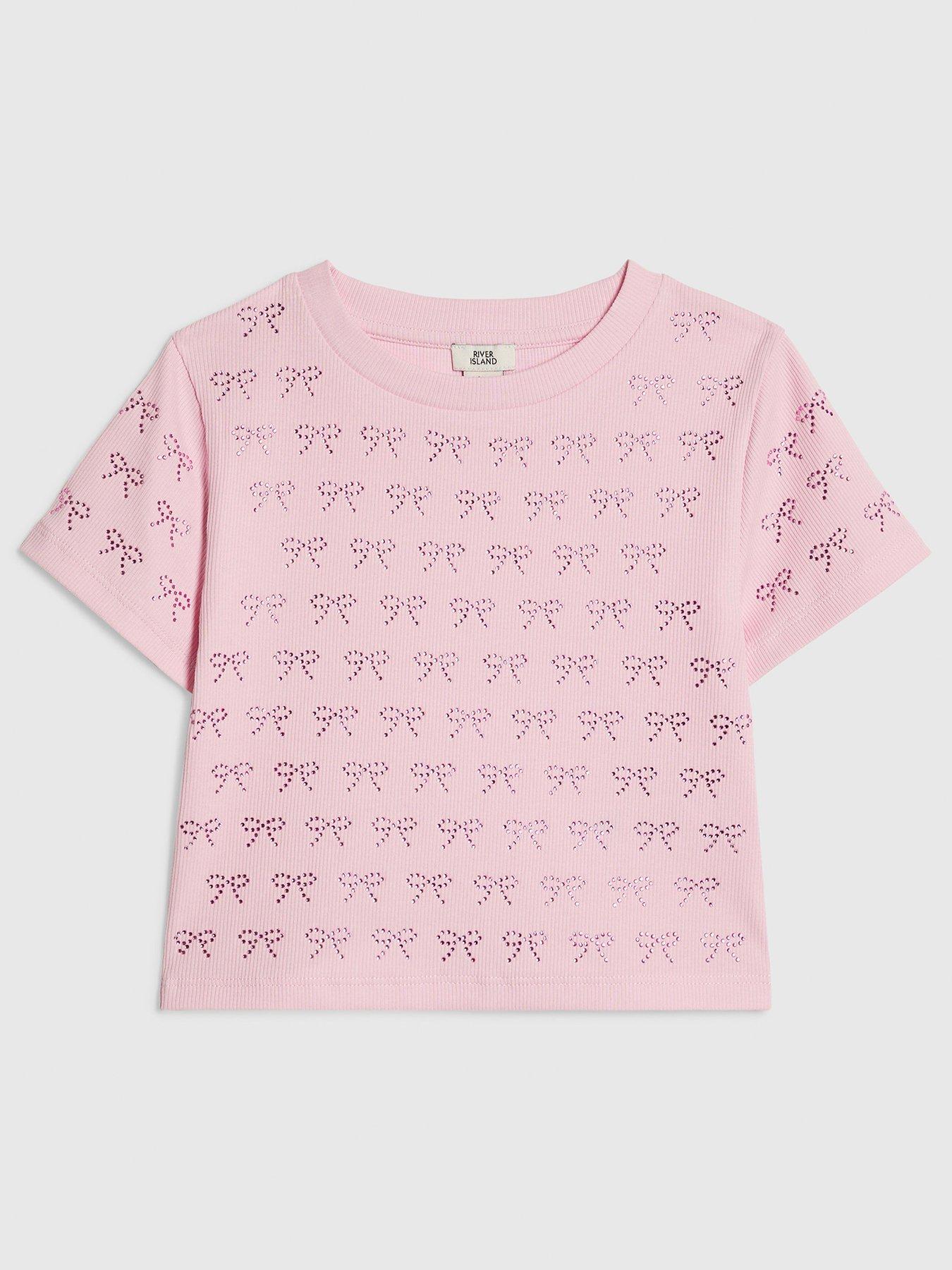 River Island Older Girls Bow Diamante T-Shirt - Pink