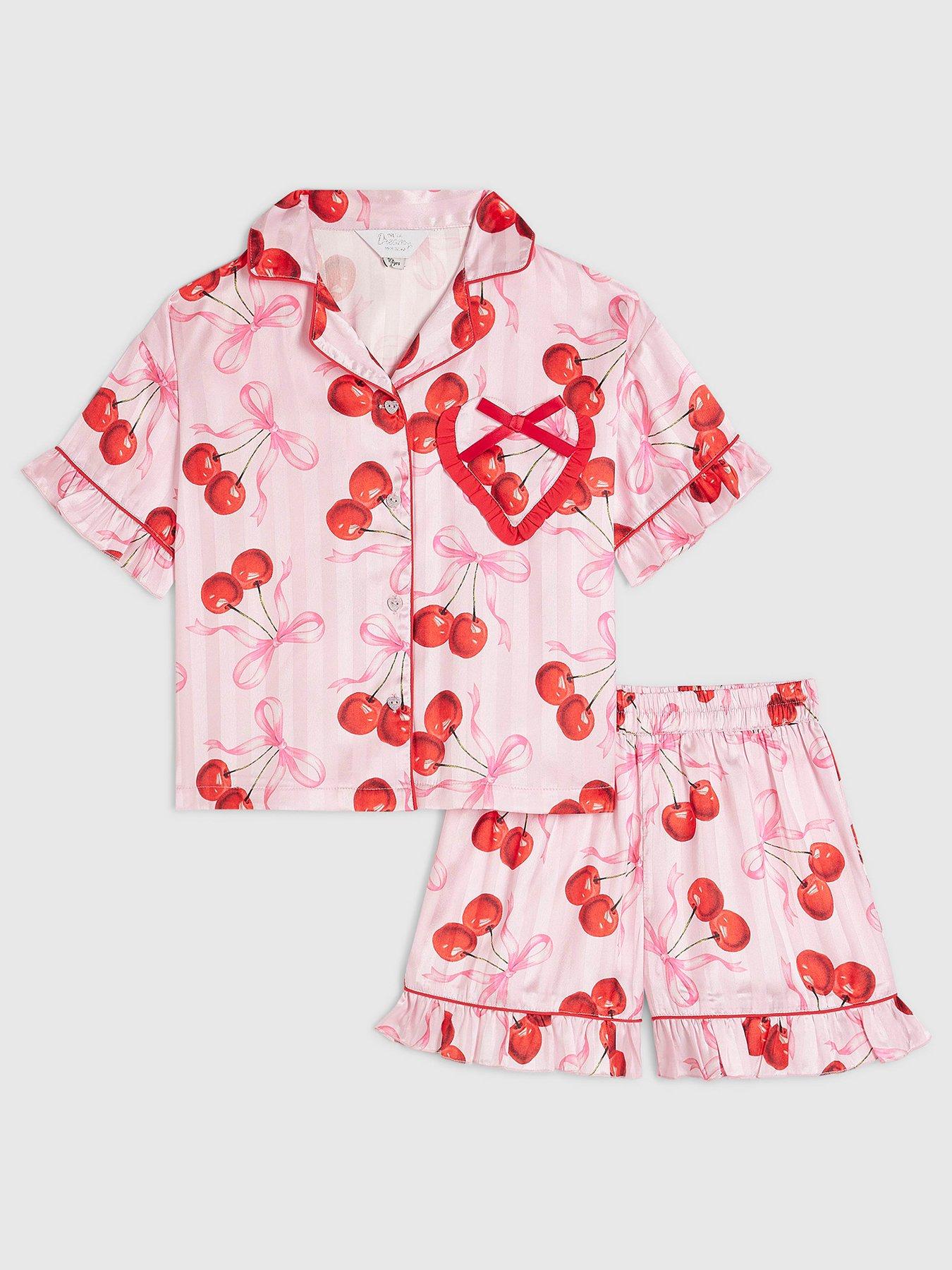 Image 1 of 5 of River Island Older Girls Cherry Print Satin Pyjamas - Pink