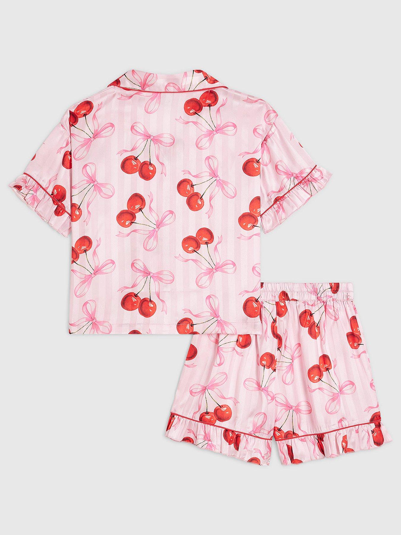Image 2 of 5 of River Island Older Girls Cherry Print Satin Pyjamas - Pink