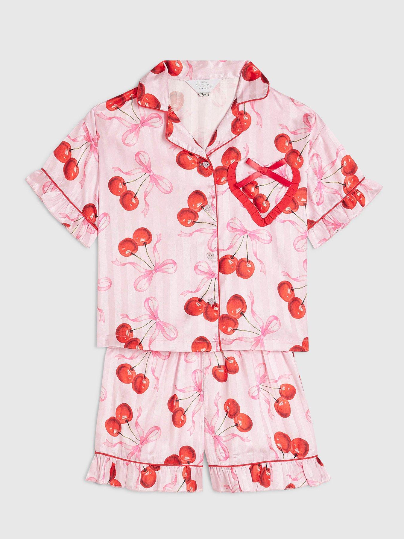 Image 3 of 5 of River Island Older Girls Cherry Print Satin Pyjamas - Pink