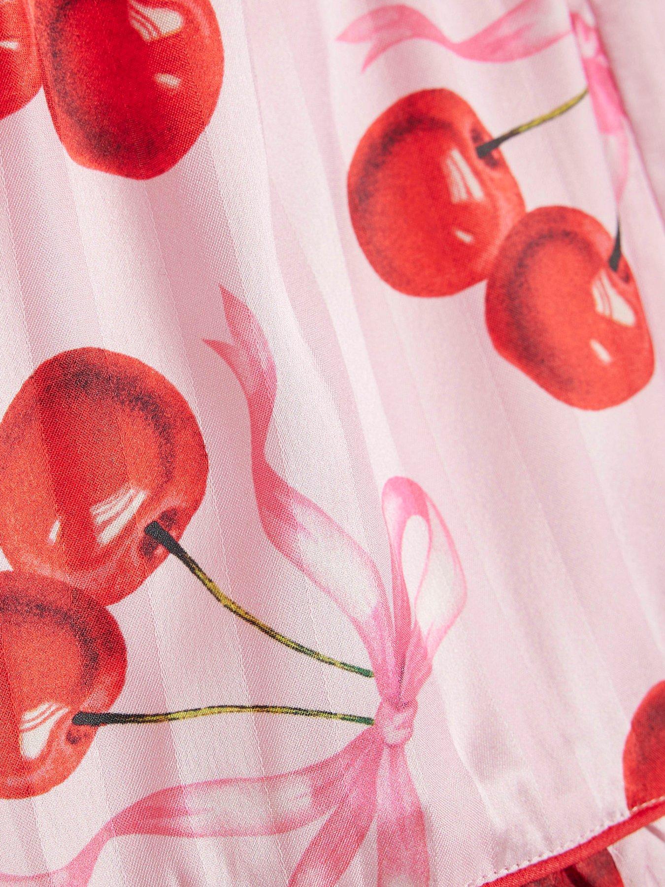 Image 4 of 5 of River Island Older Girls Cherry Print Satin Pyjamas - Pink