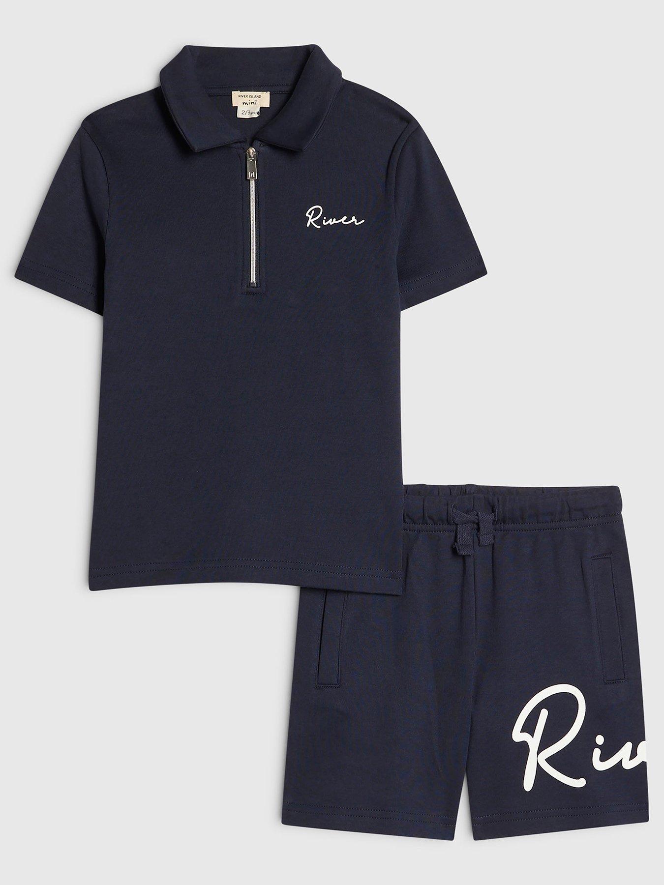 Image 1 of 5 of River Island Mini Boys Scripty Polo Shirt And Shorts Set - Navy