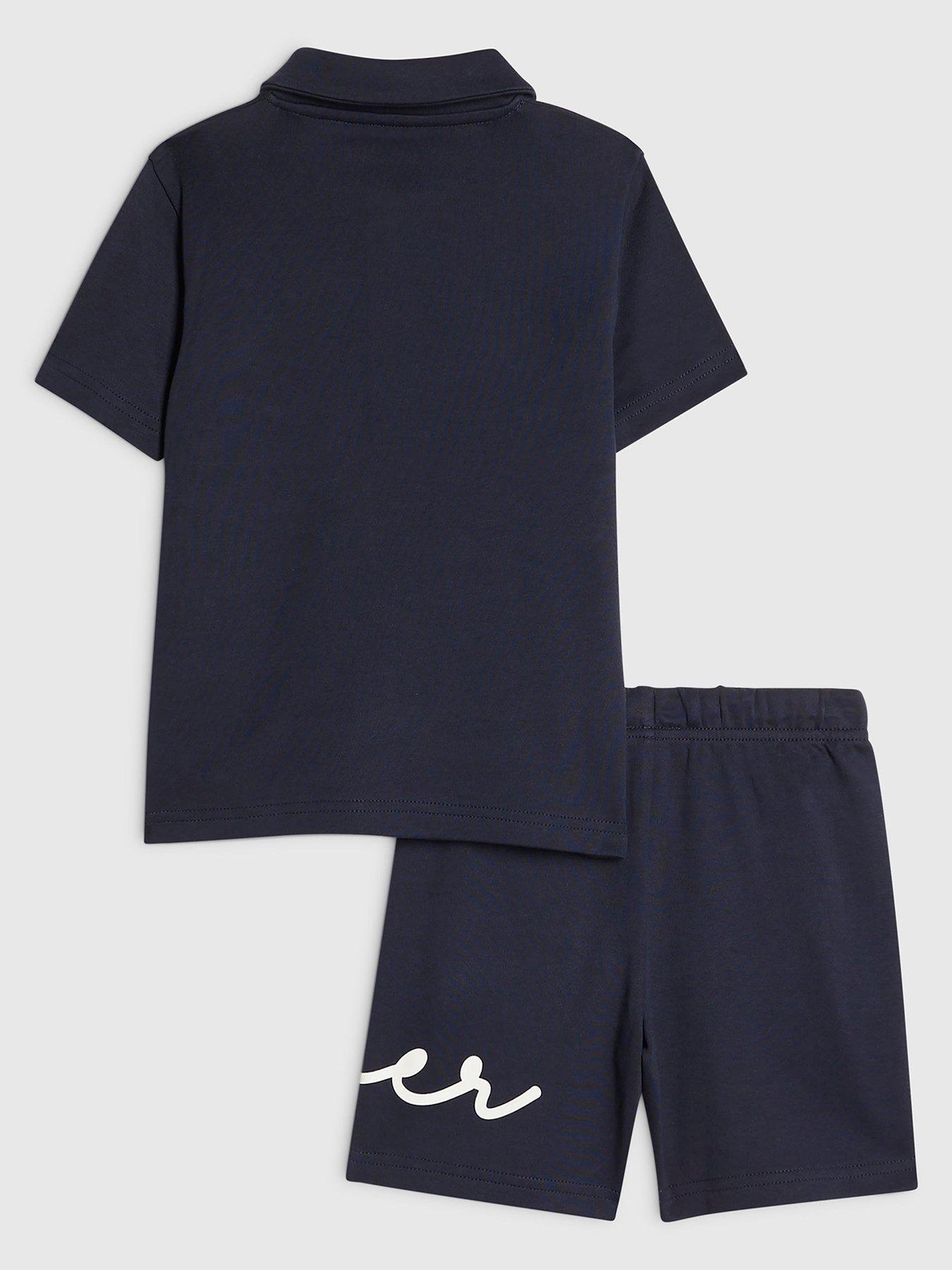 Image 2 of 5 of River Island Mini Boys Scripty Polo Shirt And Shorts Set - Navy