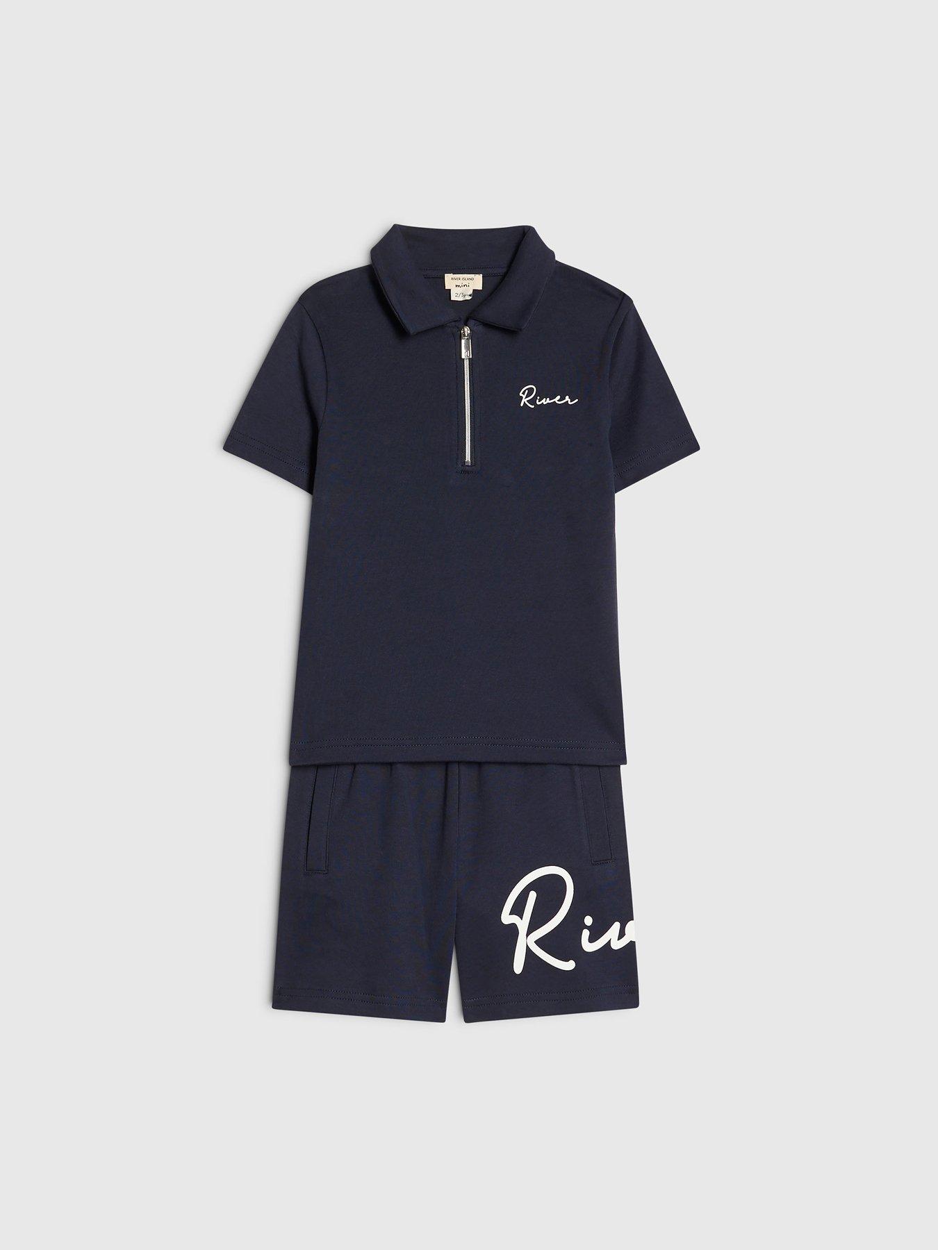 Image 3 of 5 of River Island Mini Boys Scripty Polo Shirt And Shorts Set - Navy