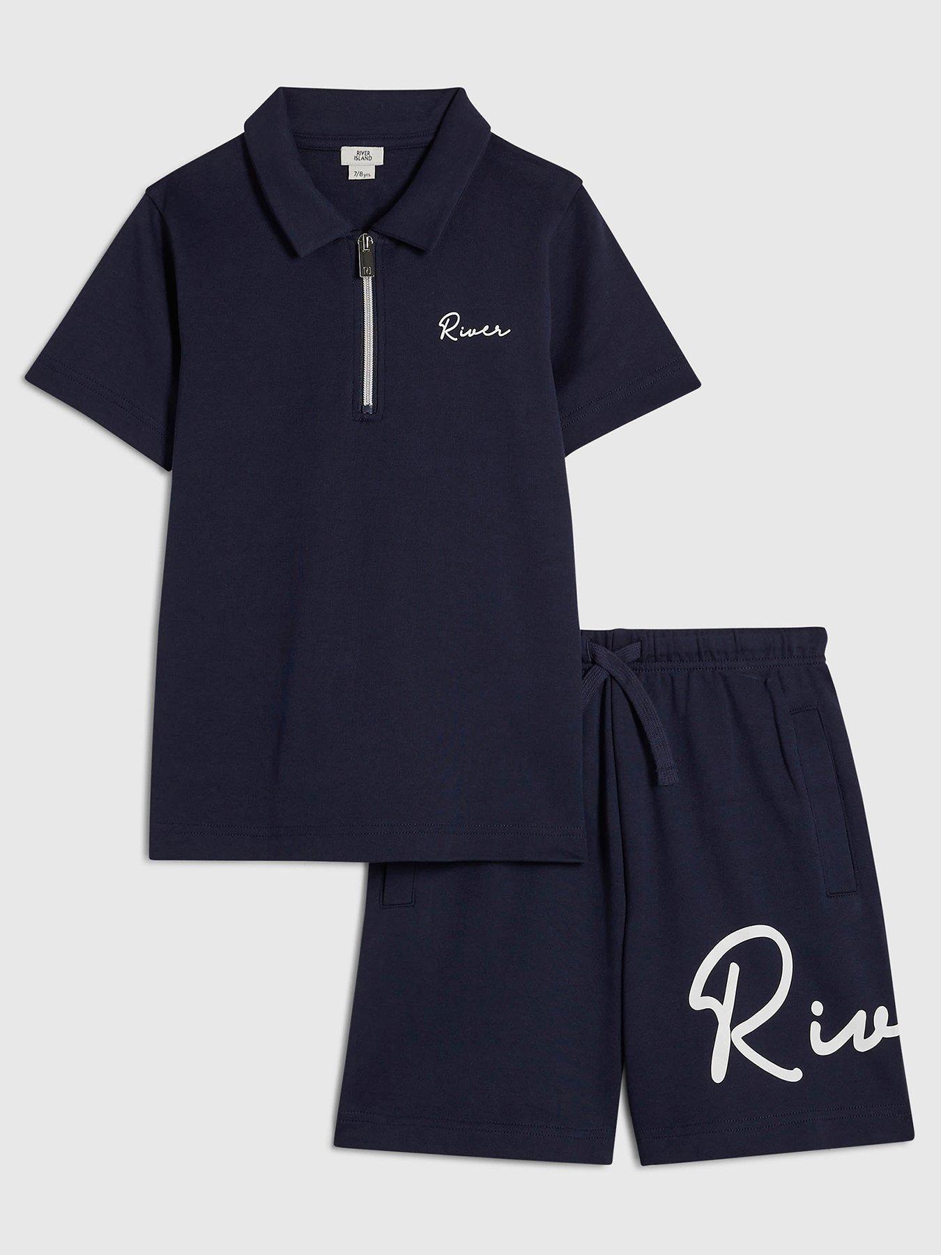 River Island Older Boys Scripty Polo Shirt And Shorts Set - Navy