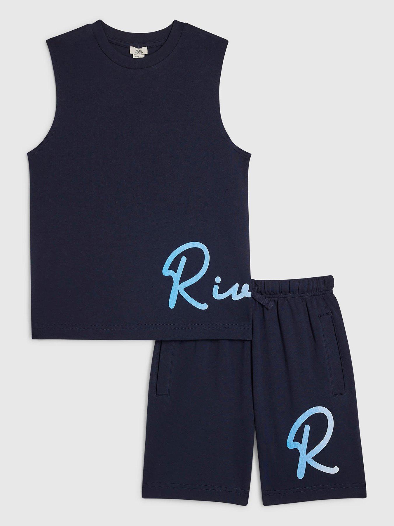 River Island Older Boys Ri Branded Vest  &  Short Set - Blue