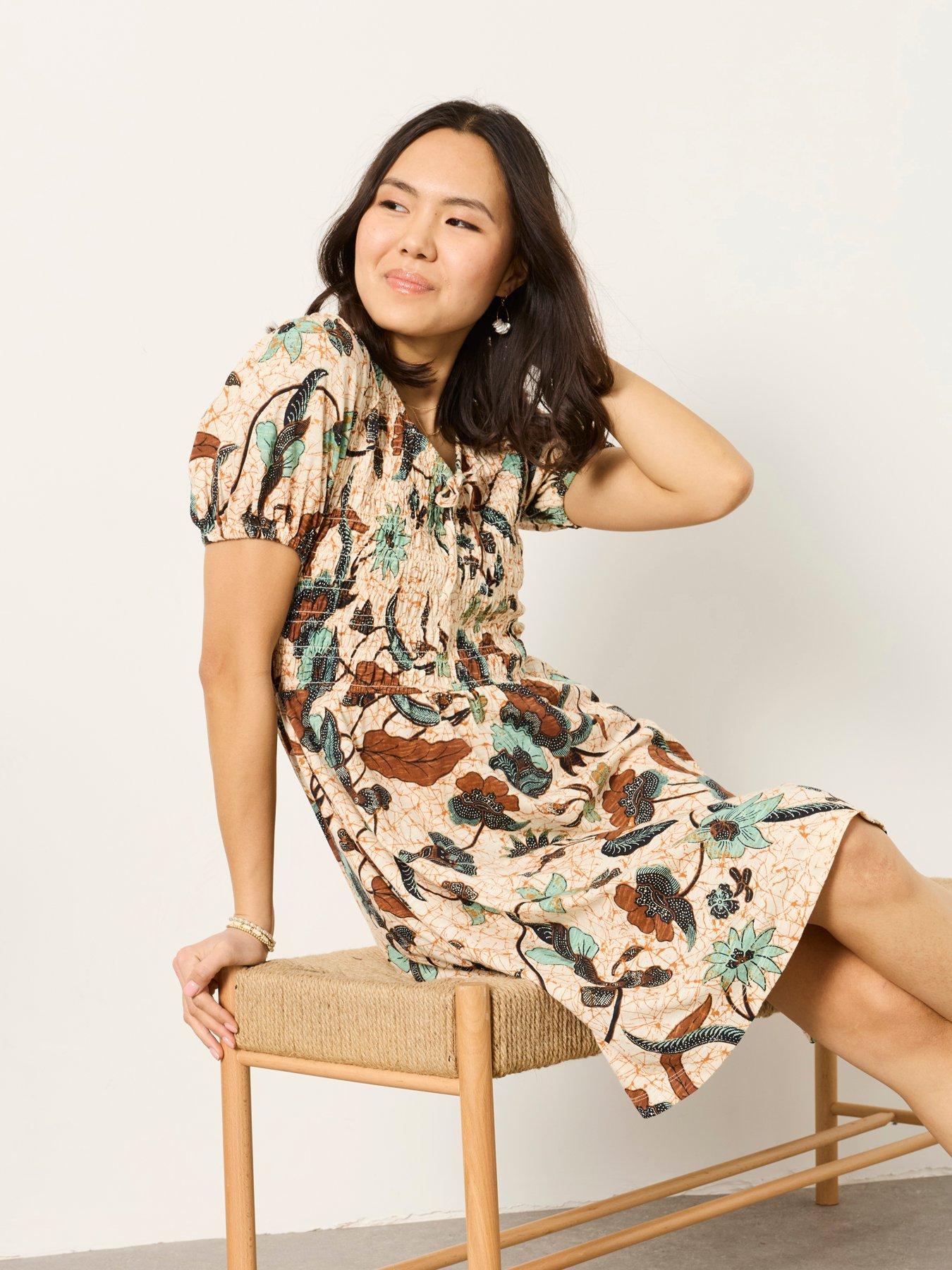 FatFace Nora Batik Jersey Knee Length Dress - Cream